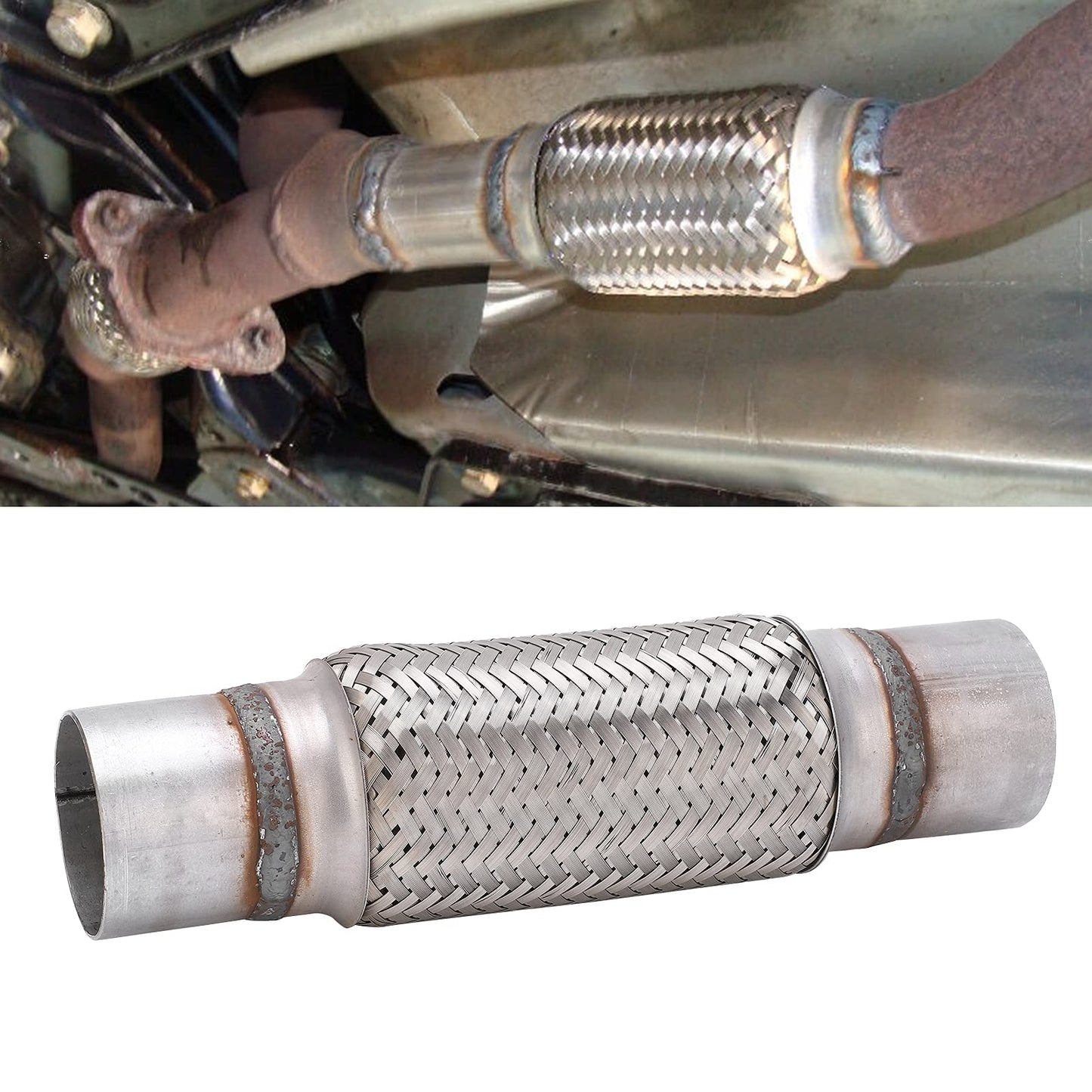 Heavy Duty Exhaust Flex Pipe, 2.5" x 8" x 12'' Stainless Steel Braided Flexible Exhaust Pipe, Universal Fit for Cars & Trucks, Durable Car Exhaust Pipe Repair Replacement Kit, 63mm x 300mm