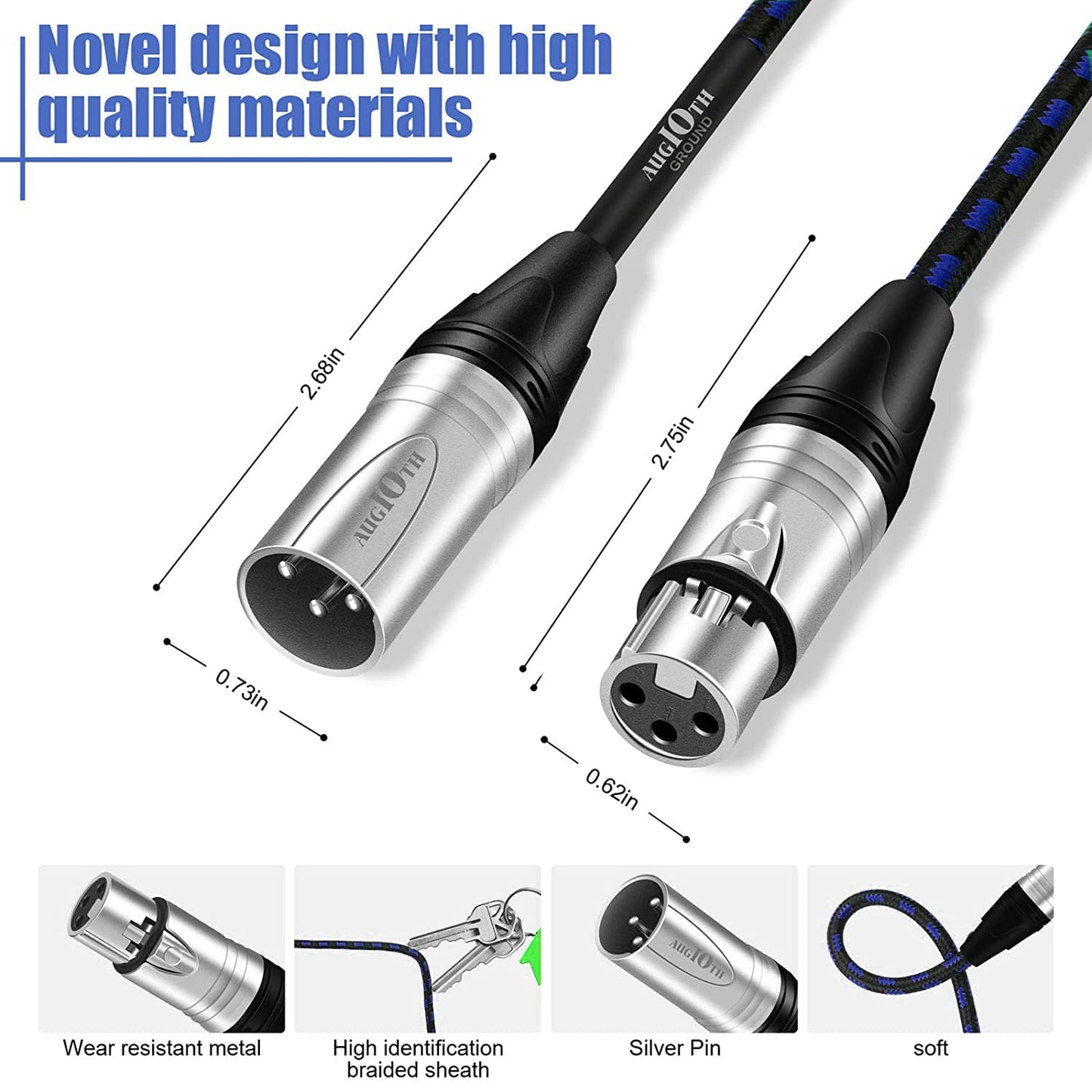 Augioth XLR to XLR Pro Mic Cable 30 Ft 2-Pack Male to Female XLR Cable 3-pin Blue Balanced Shielded Microphone Cable for Amplifier Mixer,Speaker Systems,Recording Studio