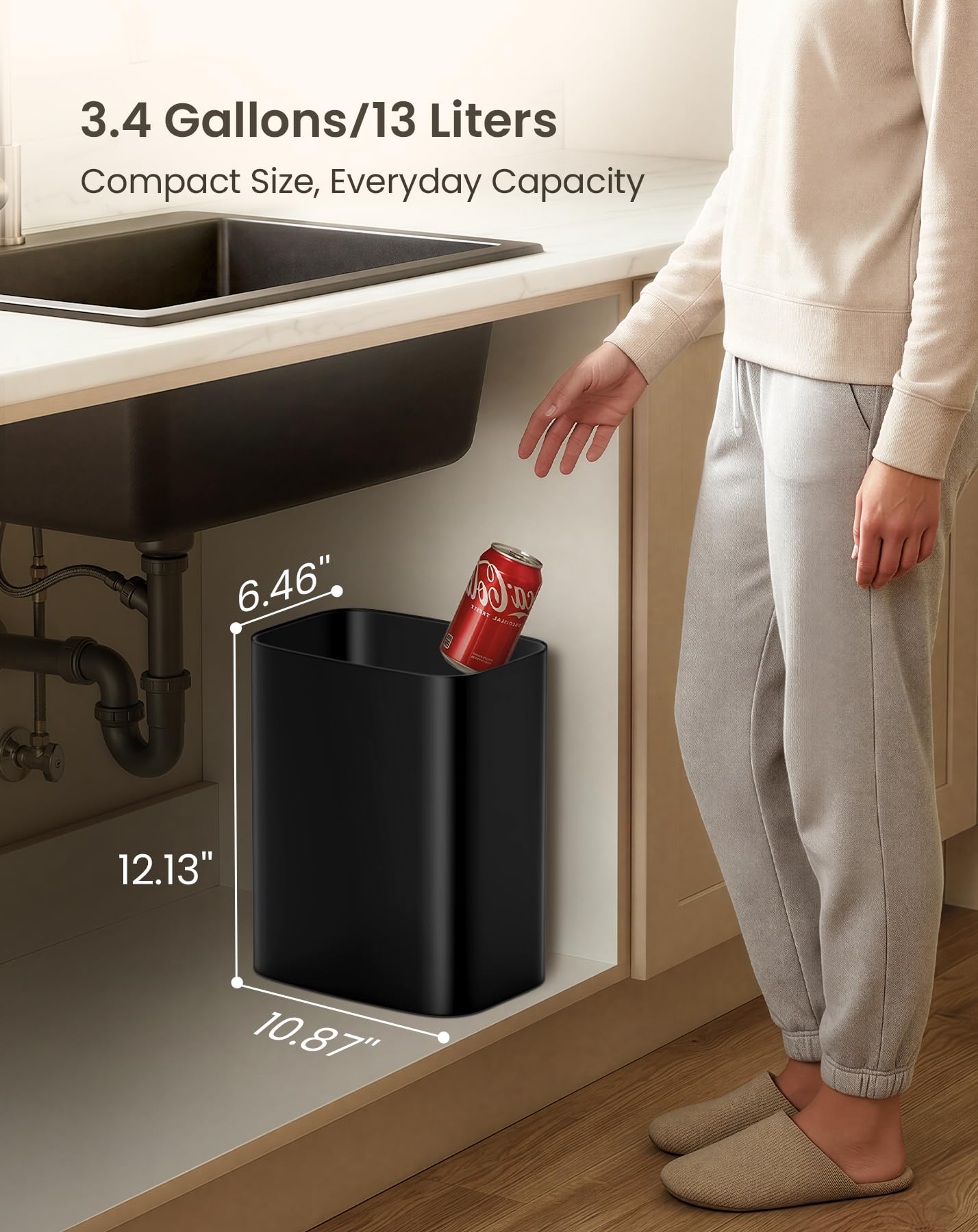 Cesun Small Bathroom Trash Can, 3.4 Gallon Metal Garbage Can, Slim Stainless Steel Waste Basket for Dorm, Bedroom, Office, Toilet, Near Desk, Under Sink (Black)