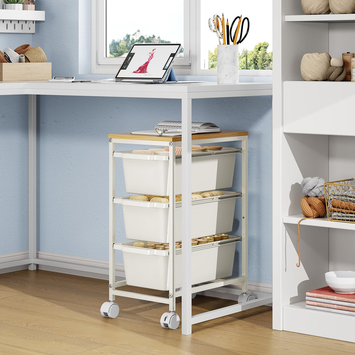 Rolling Storage Cart with 3 Drawers, Craft Organizer, Wooden Tabletop Utility Cart for Bedroom, Children's Room and Office Organization, Under Desk Trolley with Lockable Wheels, White
