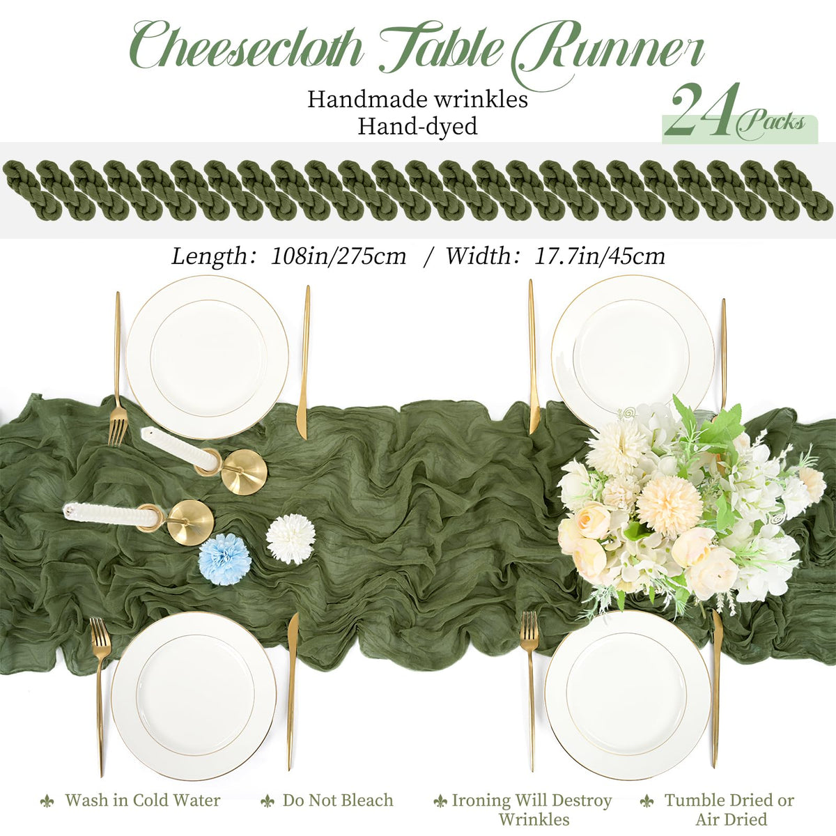 24 Packs Olive Green Table Runner, Charming Cheesecloth Table Runner 45 x 275cm, Gauze Boho Wedding Decoration Rustic Sheer Fabric Cheese Cloth Table Runners for Wedding Party Bridal Shower