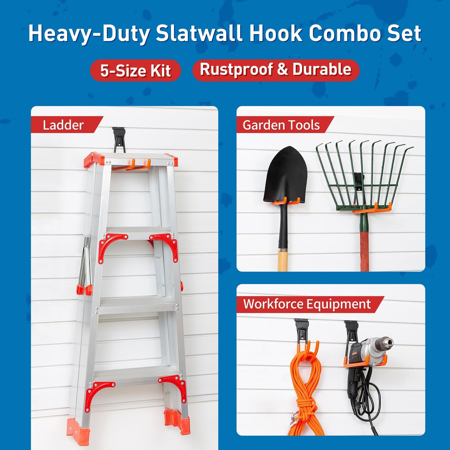 Multi-Size Slatwall Hooks 14 Pack, Wall-Mount Garage Slatwall Accessories, Heavy Duty Utility Slatwall Hooks for Garden, Garage, Workshop (Orange)