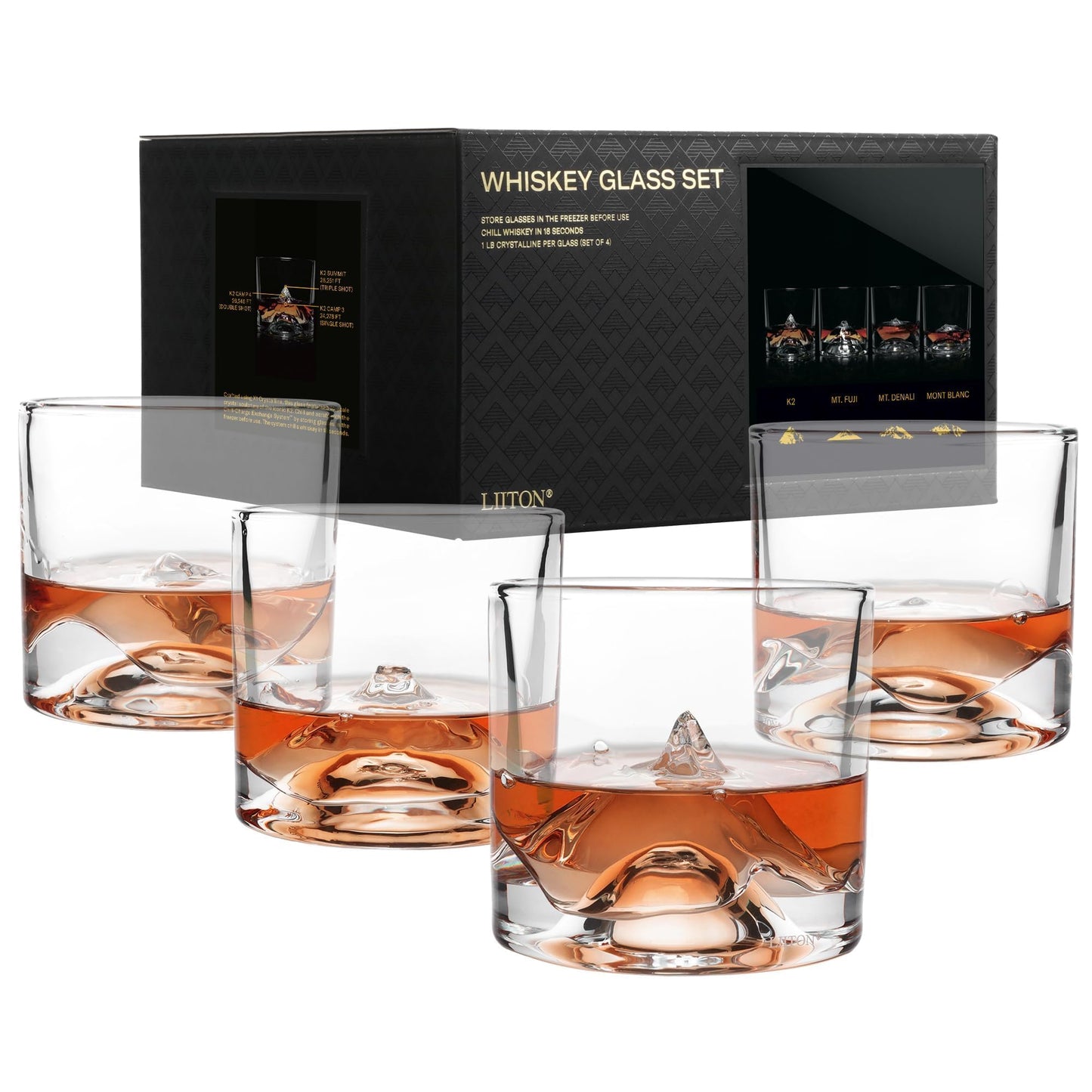 LIITON The Peaks Heavy Crystal Whiskey Glasses Gift Set of 4, Thick Freezable Bourbon Glass 1lb Each, Premium Whiskey Gifts for Men, Frozen Crystal Chills Cocktails, 10 oz