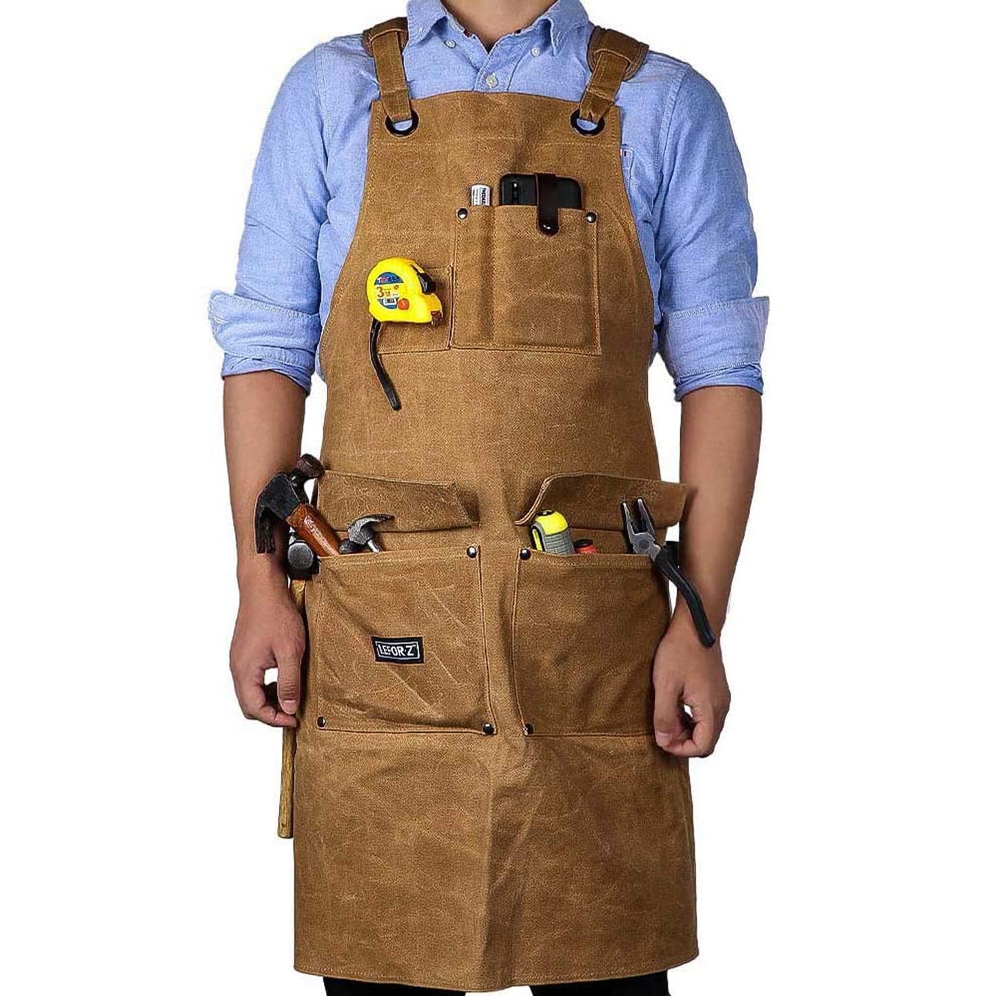 Woodworking Shop Apron,16 OZ Waxed Canvas Tool Apron for Men & Women, Work Apron with Cross-Back Straps,Adjustable M to XXL (Brown)
