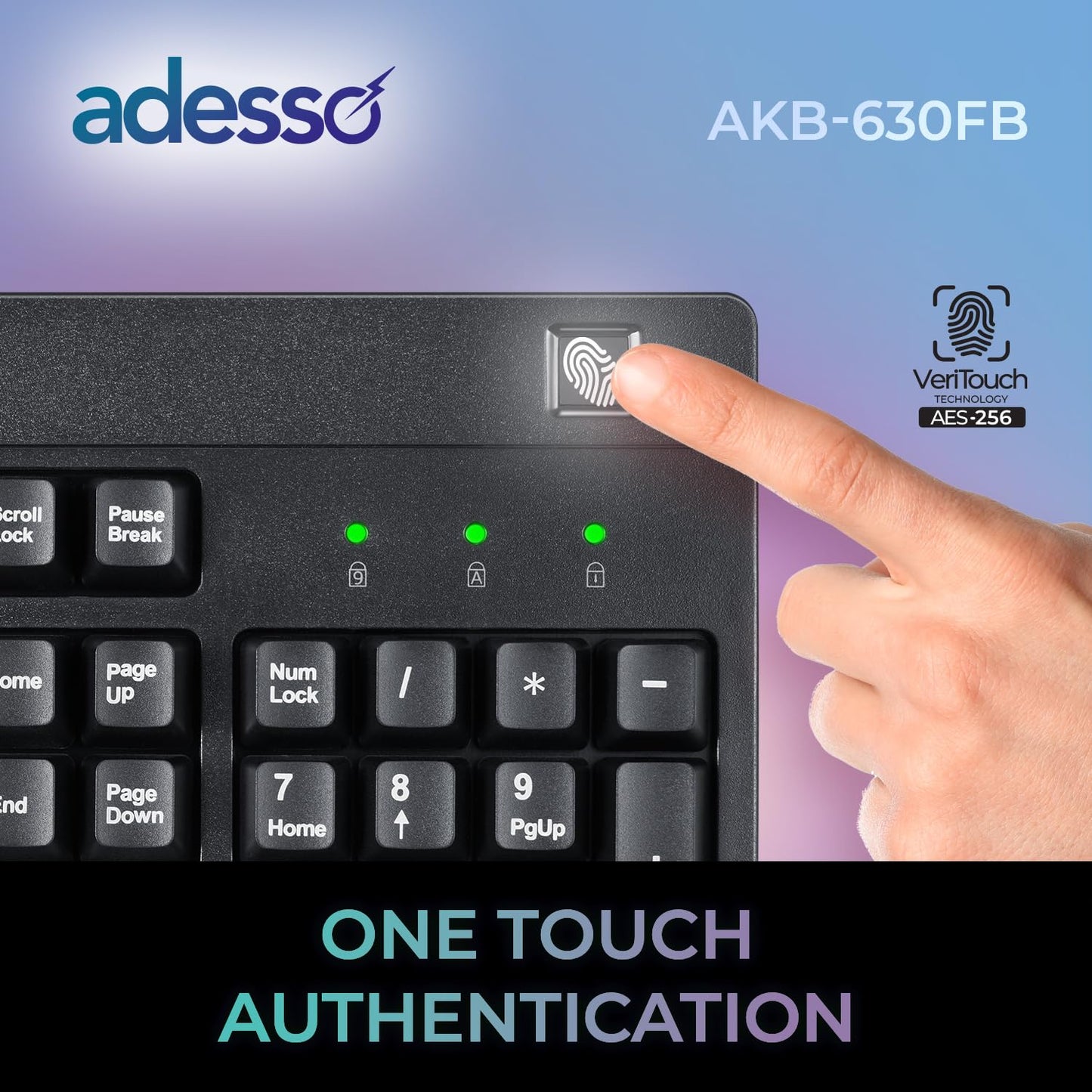 Adesso TAA Compliant Fingerprint Keyboard with AES 256 Encryption USB Wired Full Size 104 Key Layout Windows Hello Compatible Made in Taiwan for Government Business Education AKB-630FB-TAA