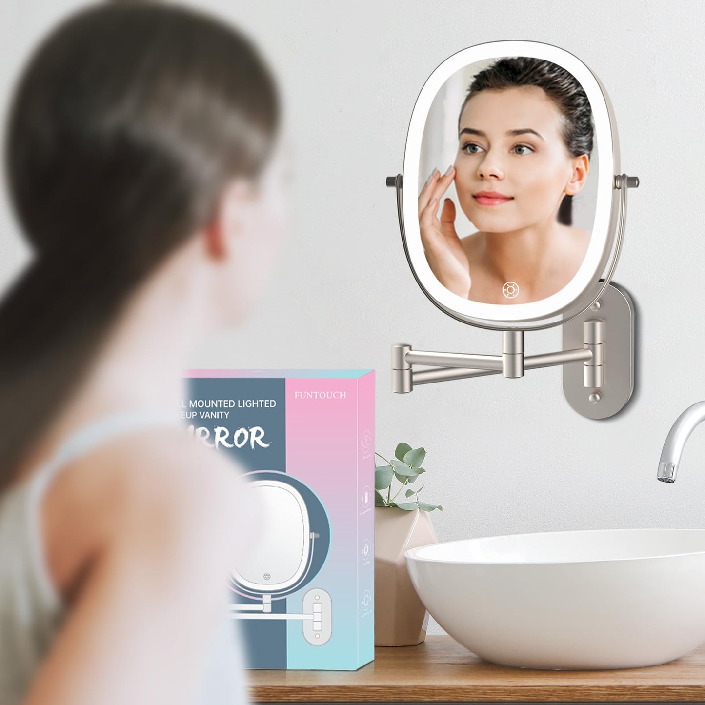Rechargeable Wall Mounted Lighted Makeup Vanity Mirror, Double Sided 1X/7X Magnifying Mirror, 3 Color Lighting Option Dimmable, 360 Rotation Extension Foldable Arm, Oval Frame Shaving Light up Mirror