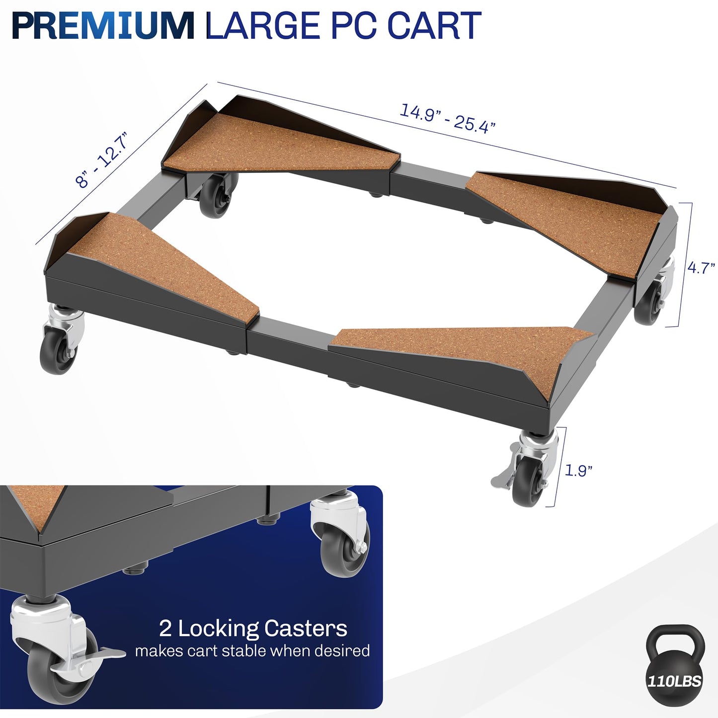 VIVO Premium Large Steel PC Cart, Rolling CPU Trolley, Adjustable Mobile Computer Stand Holder with Locking Wheels, Fits Most Gaming PCs up to 25 x 12 inches, Under Desk, Black, CART-PC03D