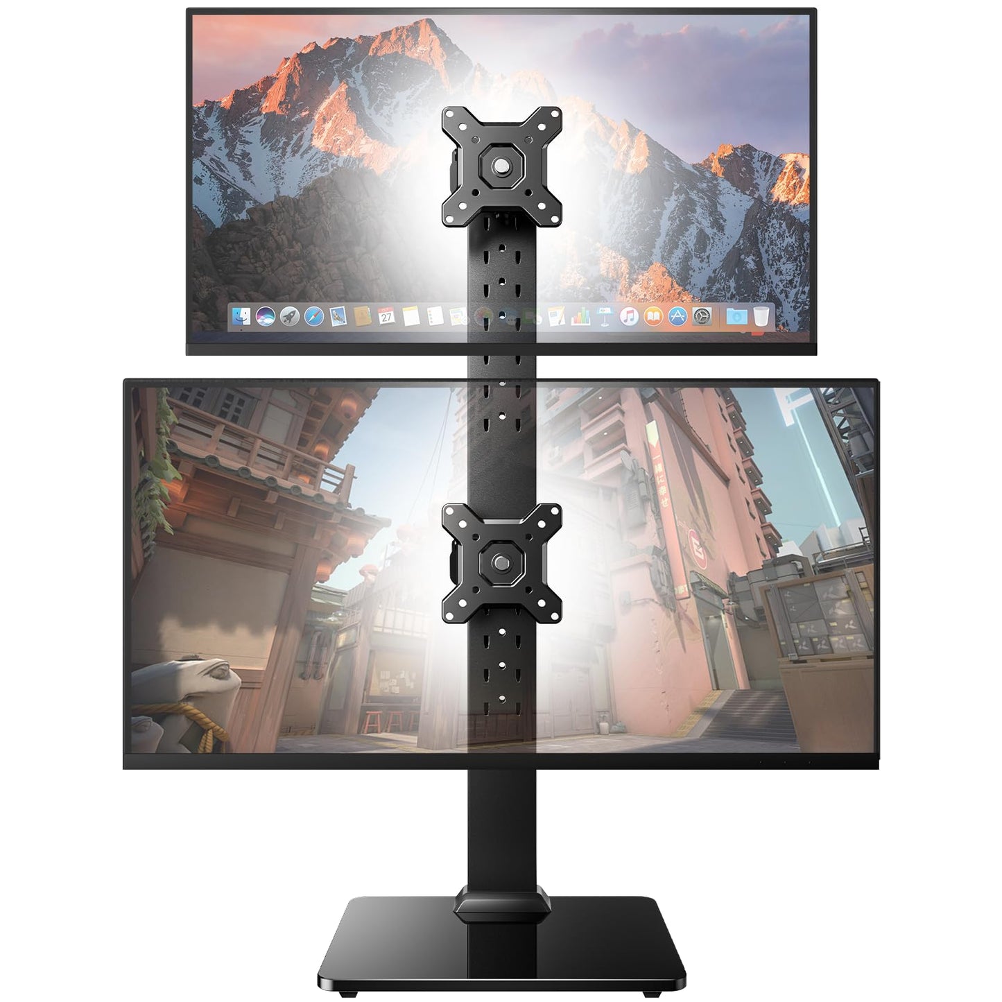 HUANUO Advanced Dual Monitor Stand with Tempered Glass Base - Vertical Mount for 13-34" Screens (44 lbs Each). Engineered Stability for Working, Gaming. Swivel, 360° Rotation & 13 Height Adjustments.