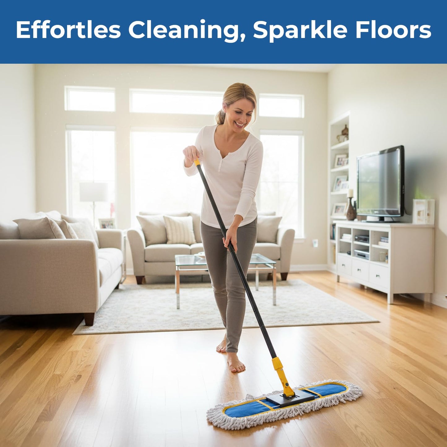 24" Dust Mop for Floor Cleaning, Large Areas Dry & Wet Mop with 2 Washable Cotton Pads, Efficiently Picks Up Pet Hair & Dust for Hardwood, Tile, Laminate, Patio