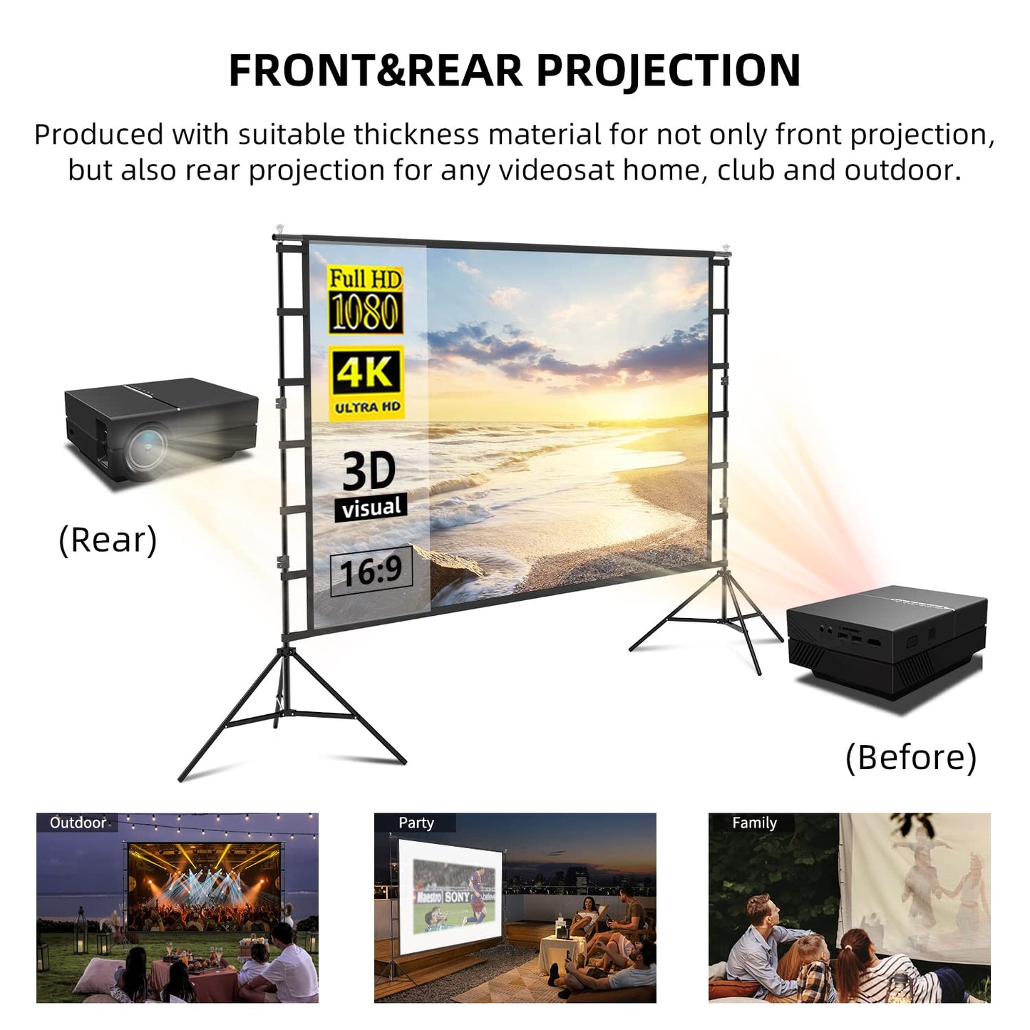 Projectior Screen with Stand,120 inch Portable Foldable Projector Screen 16:9 HD Indoor Outdoor Projector Movies Screen with Carrying Bag for Home Theater Camping and Recreational Events