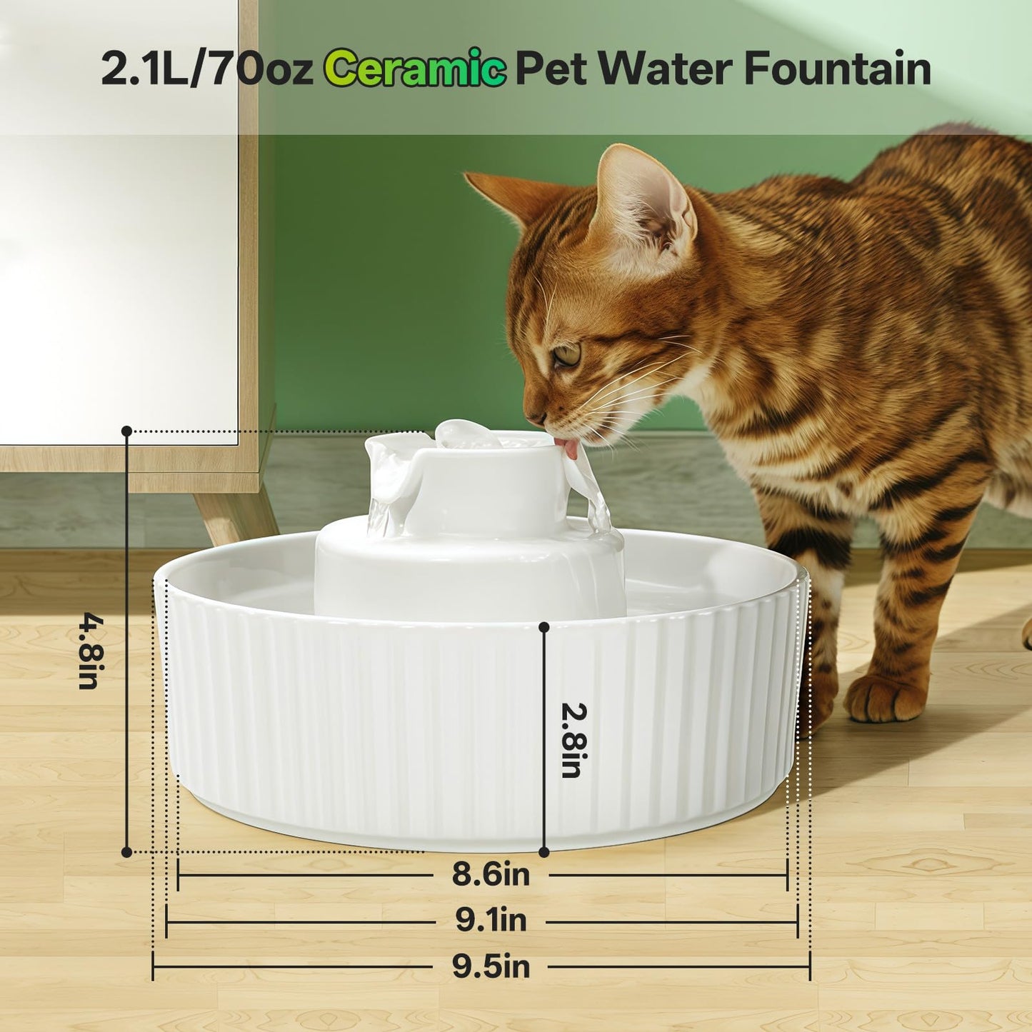 Ceramic Cat Water Fountain, 2.1L/70oz Porcelain Pet Drinking Dispenser with 4 Set Replacement Filter & Sponge, Automatic Dog Water Bowl with Ultra-Quiet Pump, Cat Feeding Watering Supplies(White)