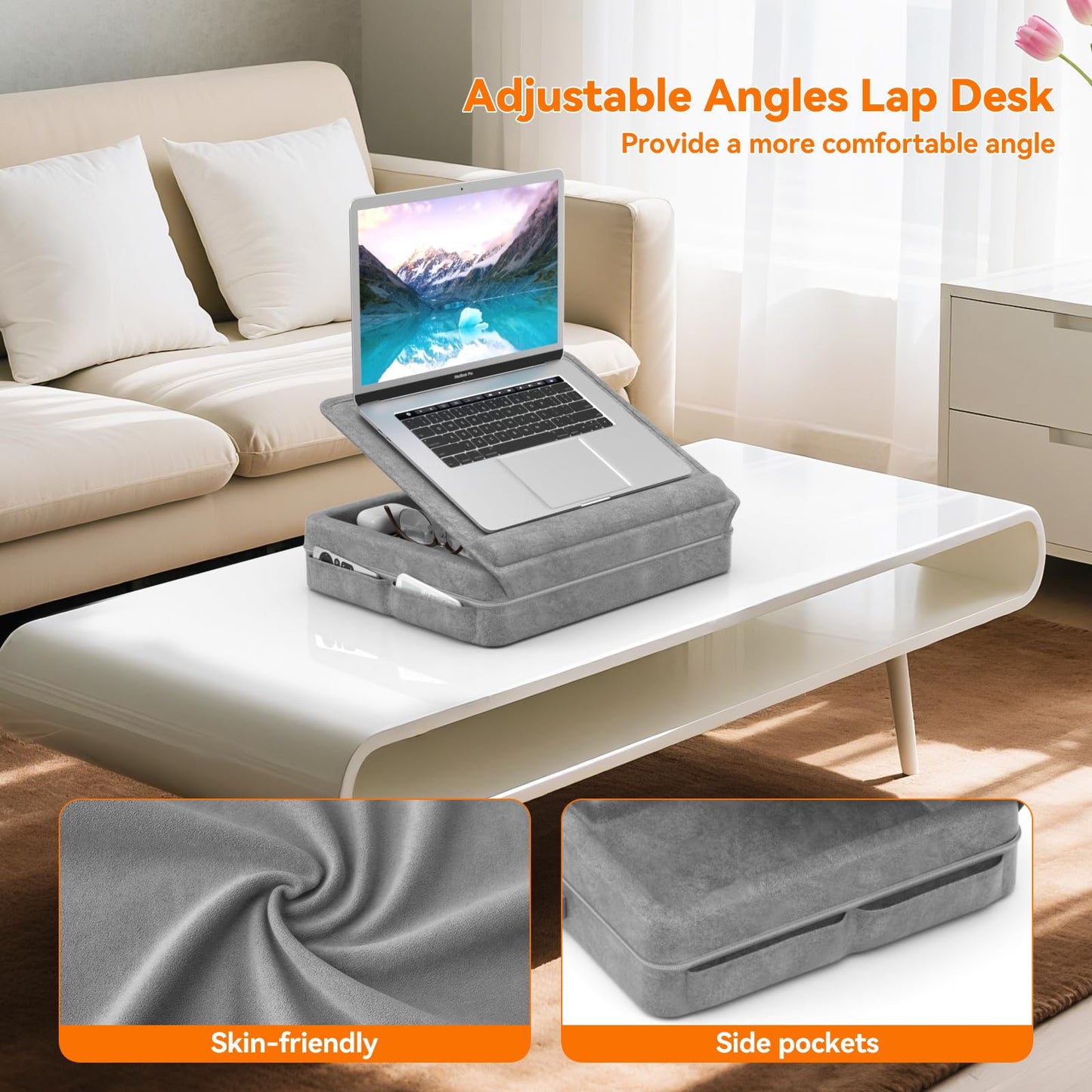 KDD Portable Laptop Lap Desk with Storage Tray - Adjustable Laptop Table for Bed Sofa - Lap Laptop Pillow Stand Table with Anti-Slip Strip & Tablet Phone Slot Holder - Lap Writing Board, Drawing Desk