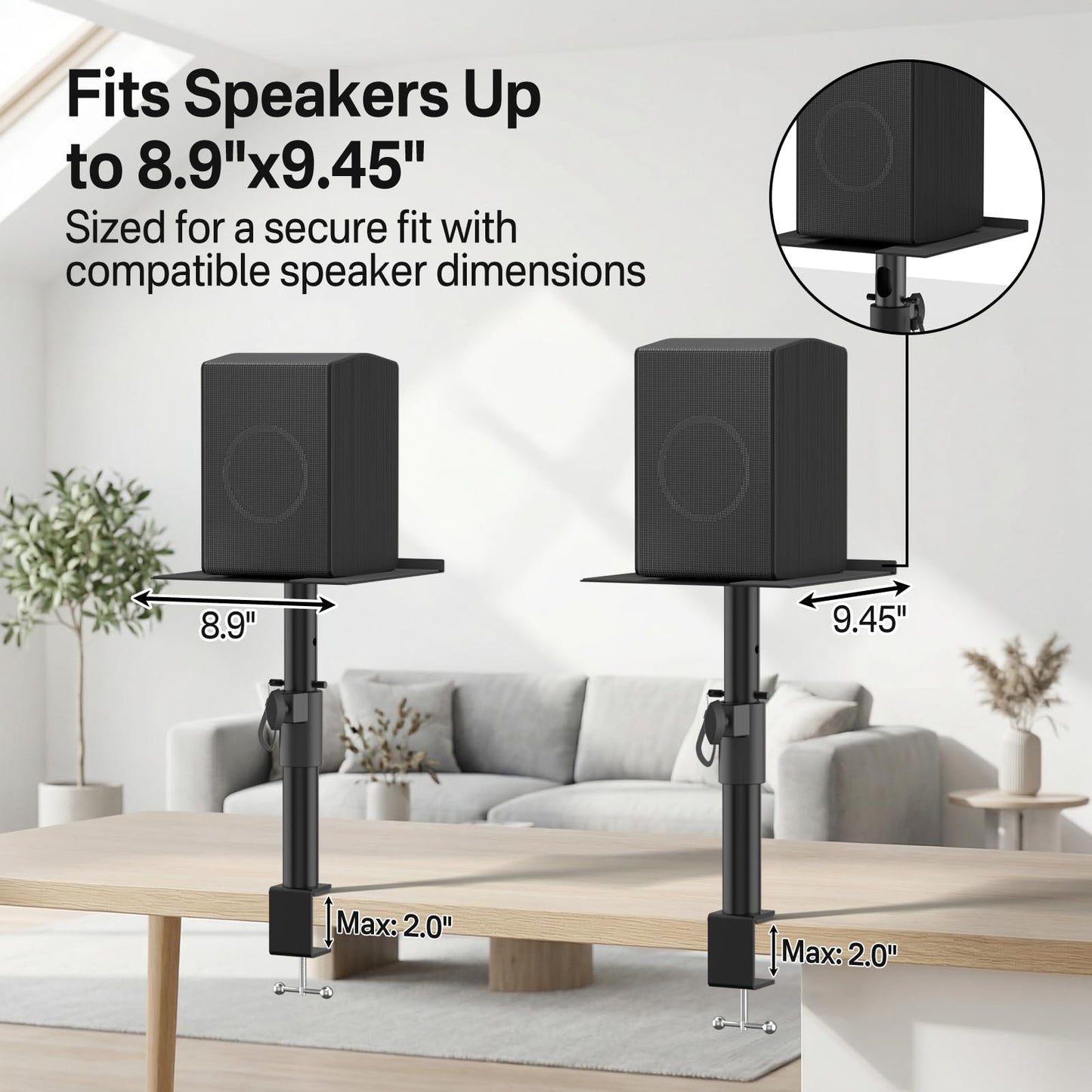 Clamp-on Desk Speaker Stand Pair, Height&Angle Adjustable Desktop Bookshelf Speaker Stands for Samsung Q990D/Q990F, Fit Edifier/KRK/Klipsch/Yamaha Built-in Cable Management WR Headset Hook& Cable Ties