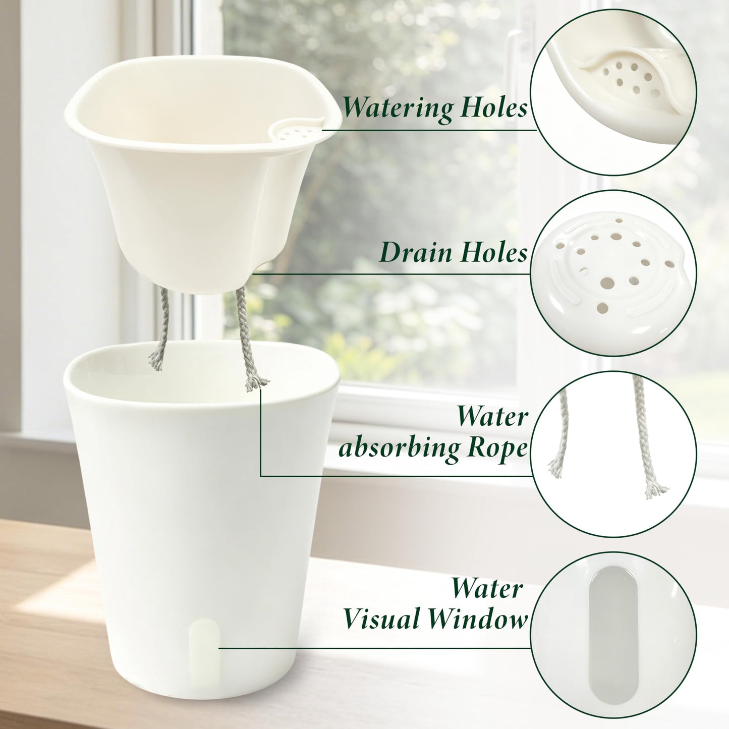 SYITCUN 5in Self Watering Planter 5 set,Plastic Self Watering Planters with Visual Water Level Window,Plant Pots Indoor,Window Box Planter,decor Planter Pot for Aloe,Herbs,Violets,Succulents-White