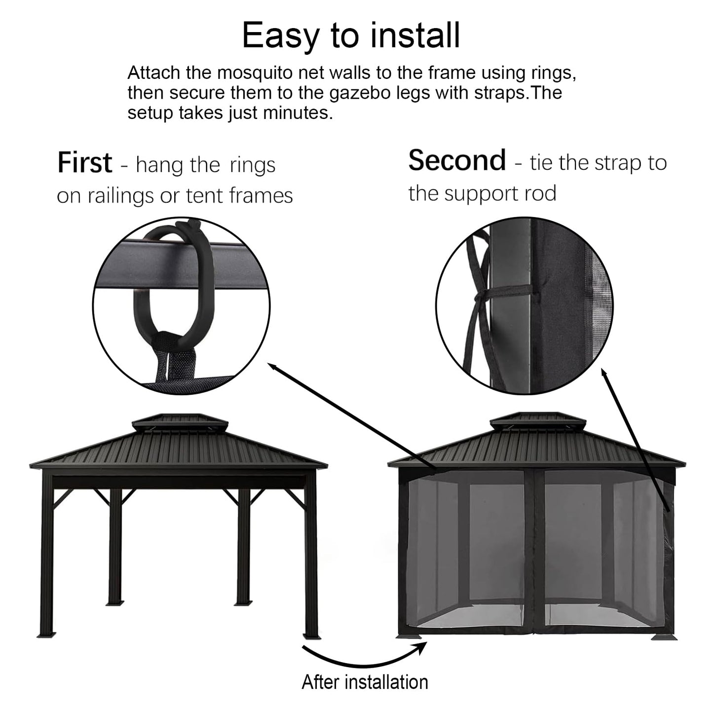 10ft x 12ft Gazebo Mosquito Netting Canopy Universal Replacement, Gazebo Curtains Outdoor Mesh Netting Patio,4-Panel Sidewall Curtain Net with Zipper