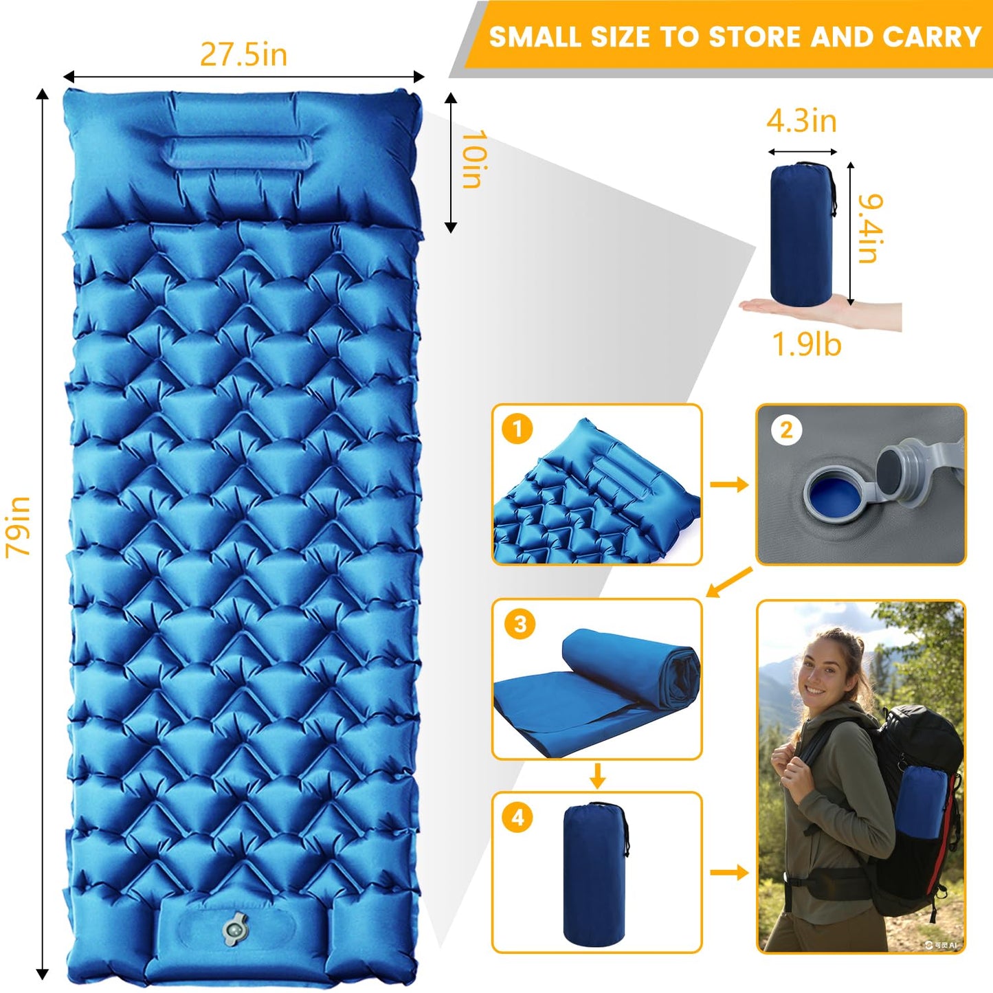 Oramoose Inflatable Camping Mat, Ultra-Lightweight Sleeping Pad with Built-in Pillow & Foot Pump, Camp Pads for Backpackers, Hikers & Outdoor Enthusiasts, Easy to Carry, Gifts