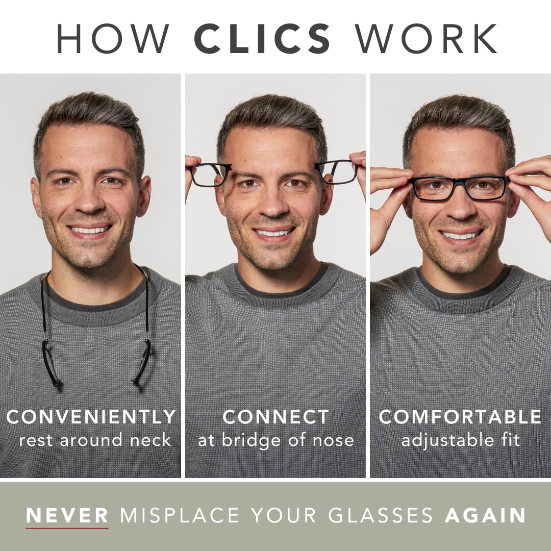 Clic Magnetic Reading Glasses, Computer Readers, Replaceable Lens, Original Long, (M-L, Black, 1.75 Magnification)