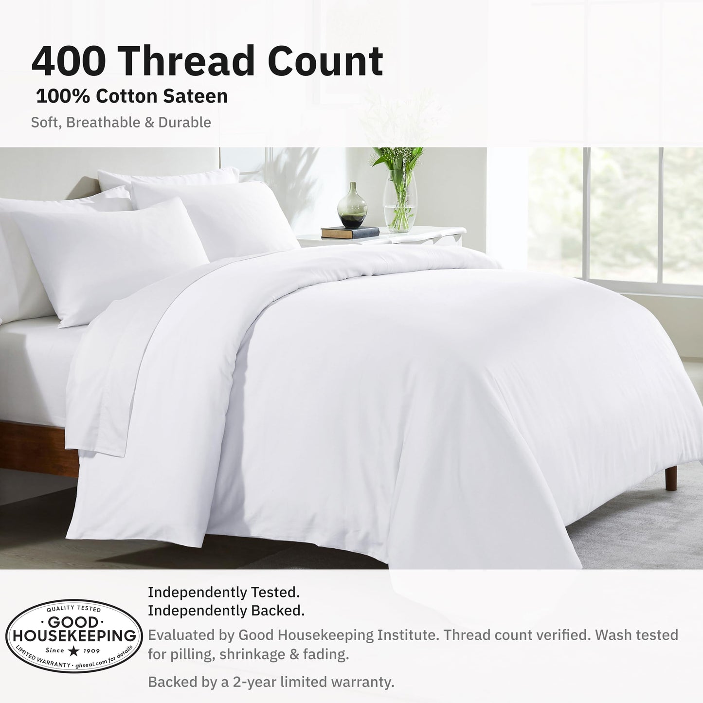 California Design Den 3-Pc Queen Size Duvet Cover Set, 400 Thread Count Sateen 100% Cotton Comforter Cover and Two Pillow Shams Bedding Set, Button Closure, Corner Ties (White, Queen)