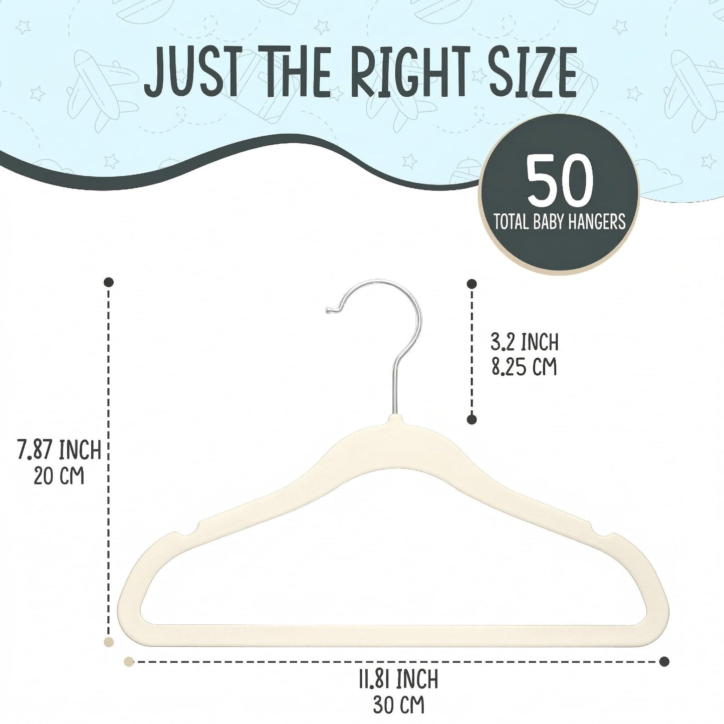 Techzoo Premium Baby Velvet Hangers 50 Pack – 11.8" Non Slip Felt Cloth Hangers for Closet – Ultra Slim, Space Saving Baby Clothes Hangers with 360° Swivel Hook Infant Hangers – Ivory