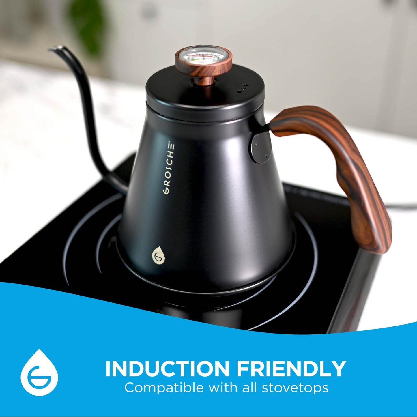 GROSCHE Marrakesh Gooseneck Kettle Stovetop - Stainless Steel Pour Over Coffee Kettle Stovetop, Tea Kettle, Stovetop Gooseneck Kettle, Coffee & Tea Kettle, Canadian Brand! - 34 fl. oz, Black