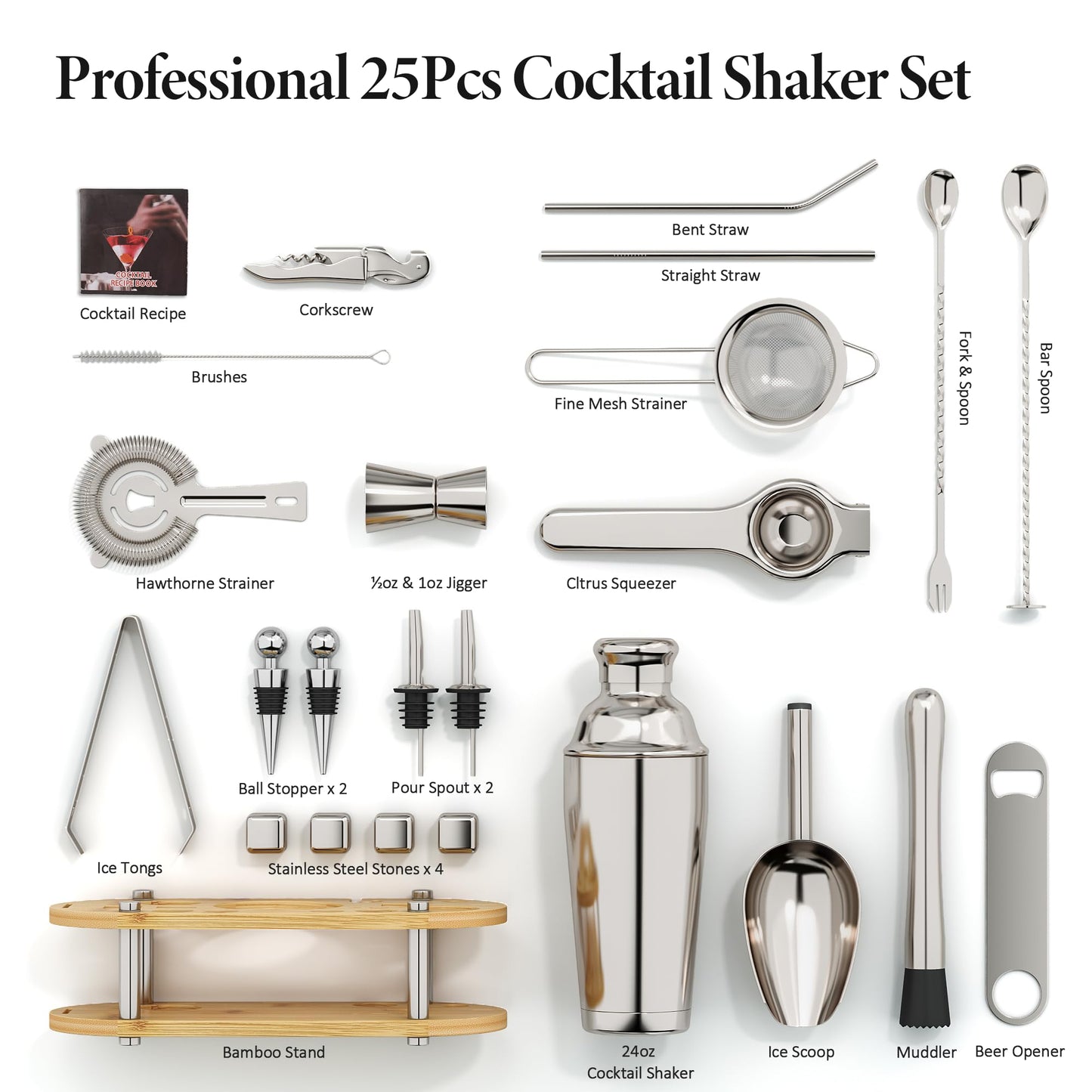 25-Piece Bartender Kit | Stainless Steel Cocktail Shaker Set with Bamboo Stand, 700ml Double-Layer Cocktail Shaker with Full Bar Tools & Recipes, Bar Tool Set for Drink Mixing, Home, Party, Gift Idea