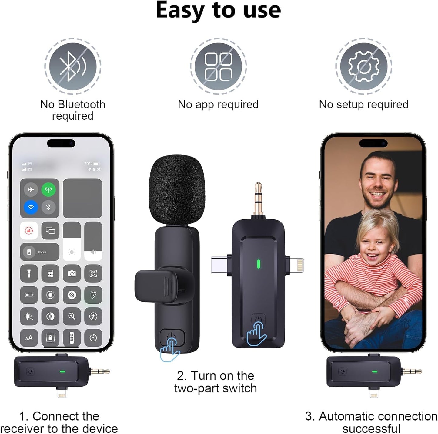 Wireless Lavalier Microphone for iPhone/Android/Camera/Computer - 4 in 1 Clip-on Microphone with Noise Reduction for Outdoor Vlogging, Interview, TikTok, Live Streaming, Video, Vocal Microphones