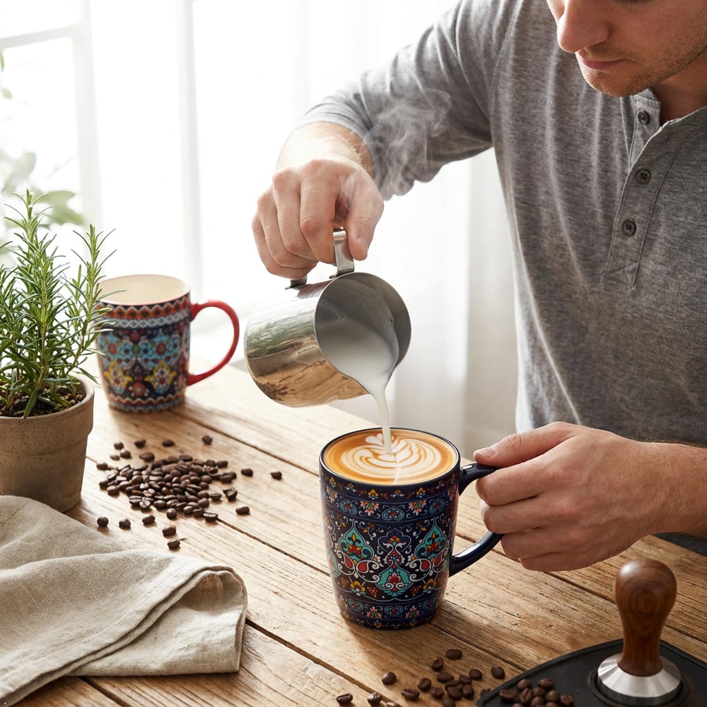 glowworm 16 oz Coffee Mugs Set of 4, Large Ceramic Coffee Cups, Colorful Mugs Set with Handles for Latte, Hot Cocoa, Tea, Housewarming Gift, Dishwasher & Microwave Safe, Bohemian