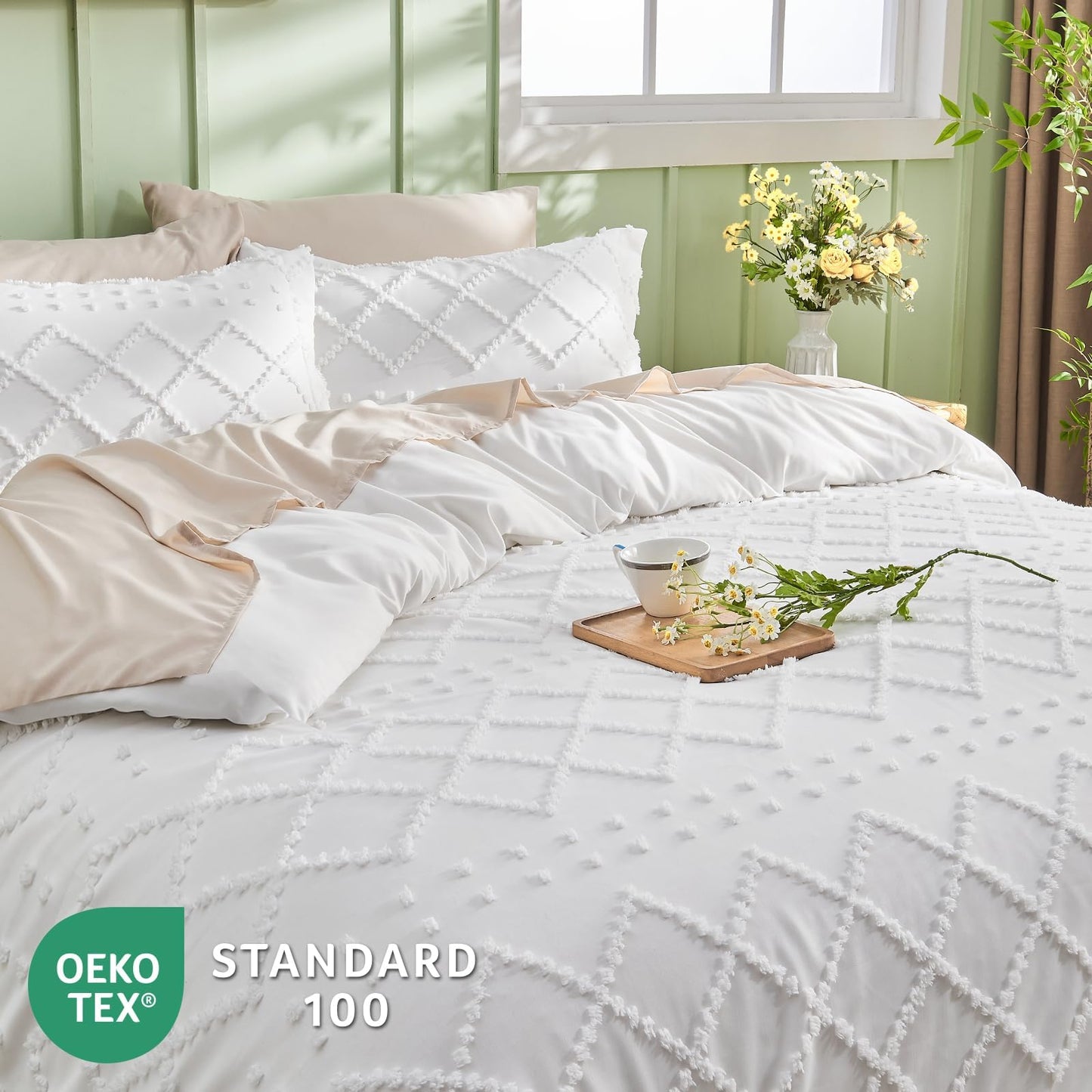 HYMOKEGE Duvet Cover King Size, Boho Tufted King Duvet Cover Set 3 Pieces, Soft & Lightweight Shabby Chic, Embroidery Bedding Set for All Seasons, 104" × 90" & 2 Pillow Shams, White