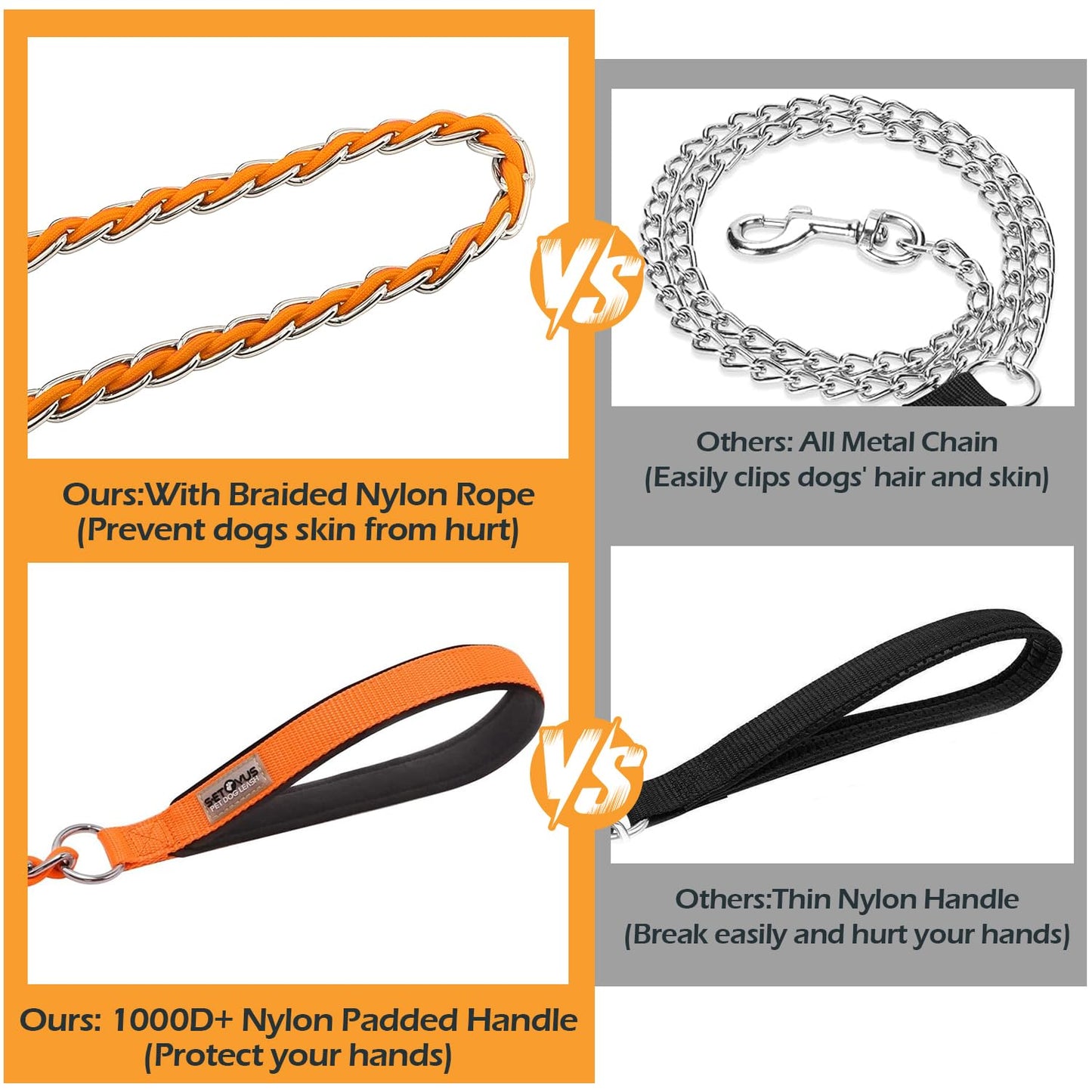 Chew Proof Metal Leash Chain Dog Leash for Medium Large Dogs, Chain Link Dog Leash Anti Chew 5FT Strong Anti Bite Dog Leash Comfortable Soft Padded Handle Orange