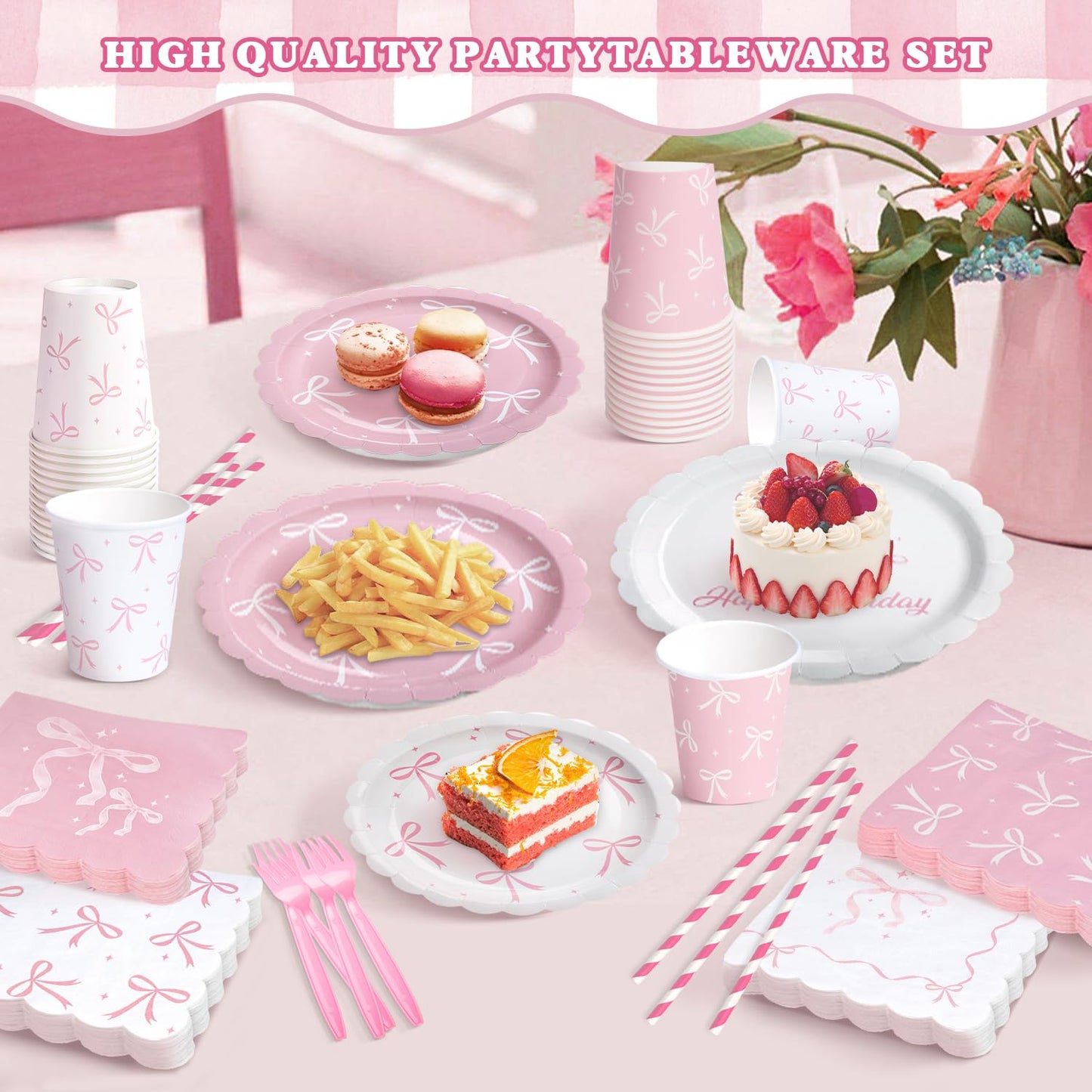 300 Pcs Pink Bow Plates, Cups, Napkins and Tableware Sets for Coquette Birthday Decorations, Pink Birthday Party Supplies Include Straws, Pink Birthday Decorations Which Can Serve 50