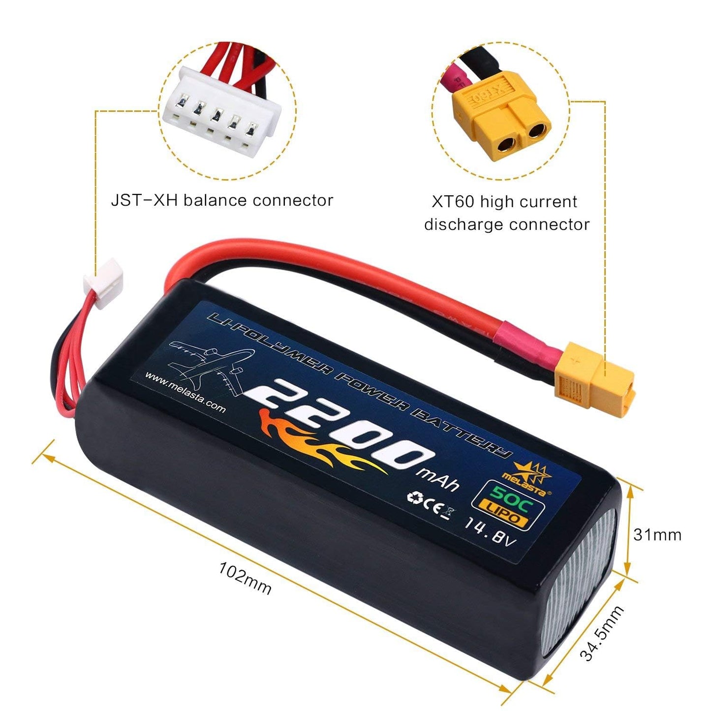 melasta 4S 14.8V LiPo Battery 2200mAh 50C RC Lipo Battery Compatible with XT60 Plug for RC Airplane Helicopter Quadcopter Vehicle Boat