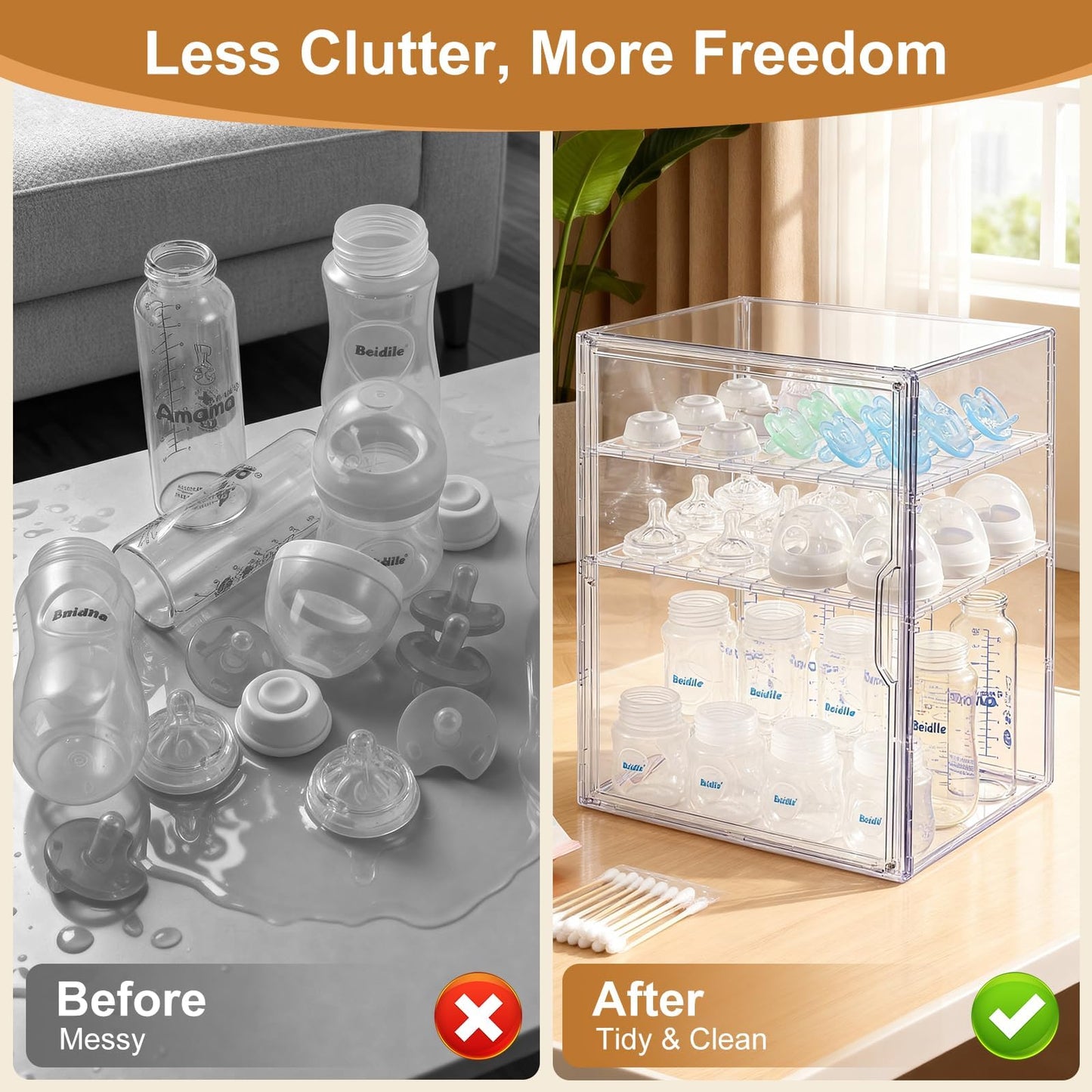 Onilife Baby Bottle Storage Organizer for Countertop Cabinet, 3 Tier Adjustable Bottles Station Container, Clear Acrylic Case Box with 2 Removable Dividers and Magnetic Door, Large