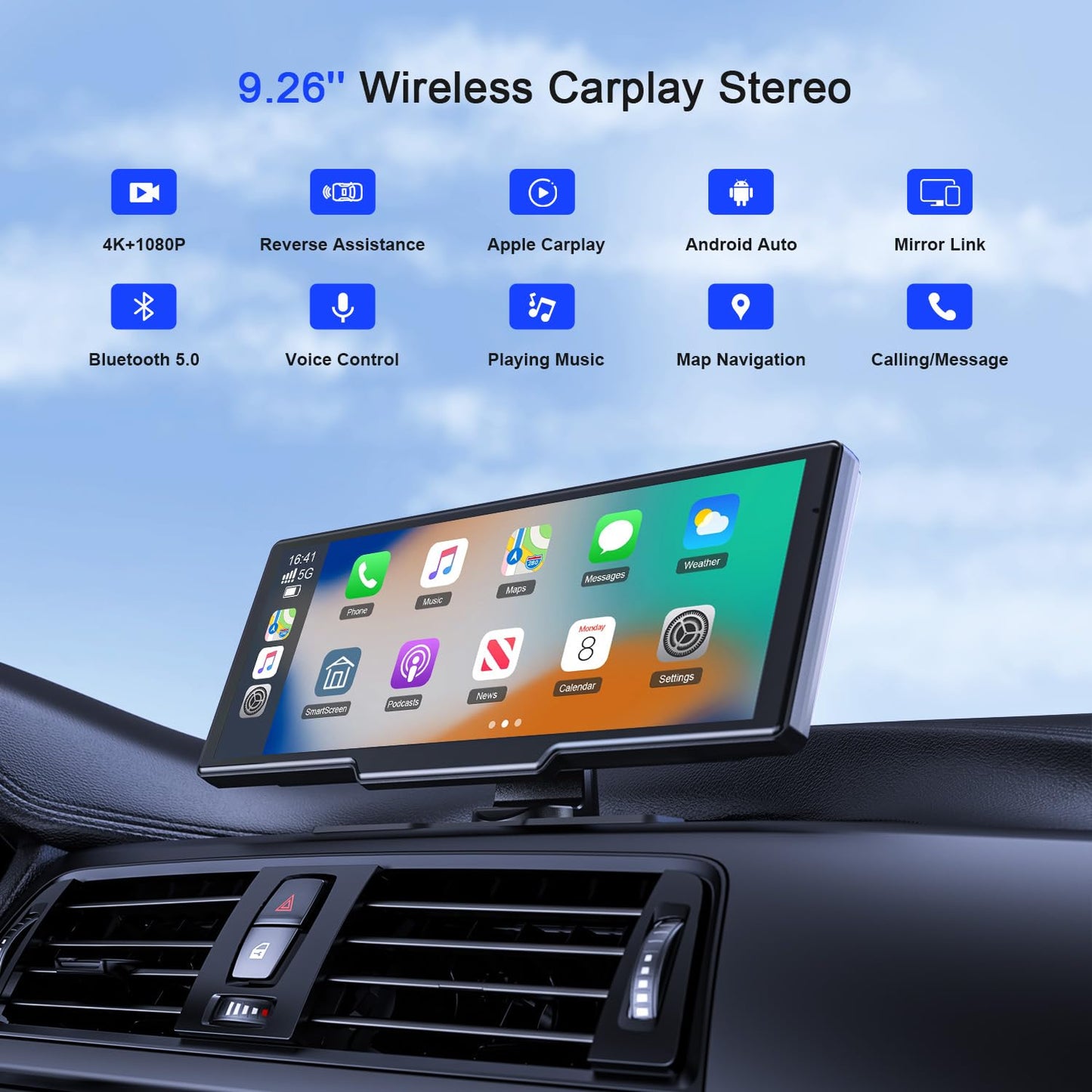 Avylet Wireless Portable Carplay Screen for Car, 4K Dash Cam,1080P Backup Camera,9.26 Inch Android Auto Carplay & Apple Car Play Touch Screen, Voice Control, GPS Navigation, Mirror Link, Bluetooth
