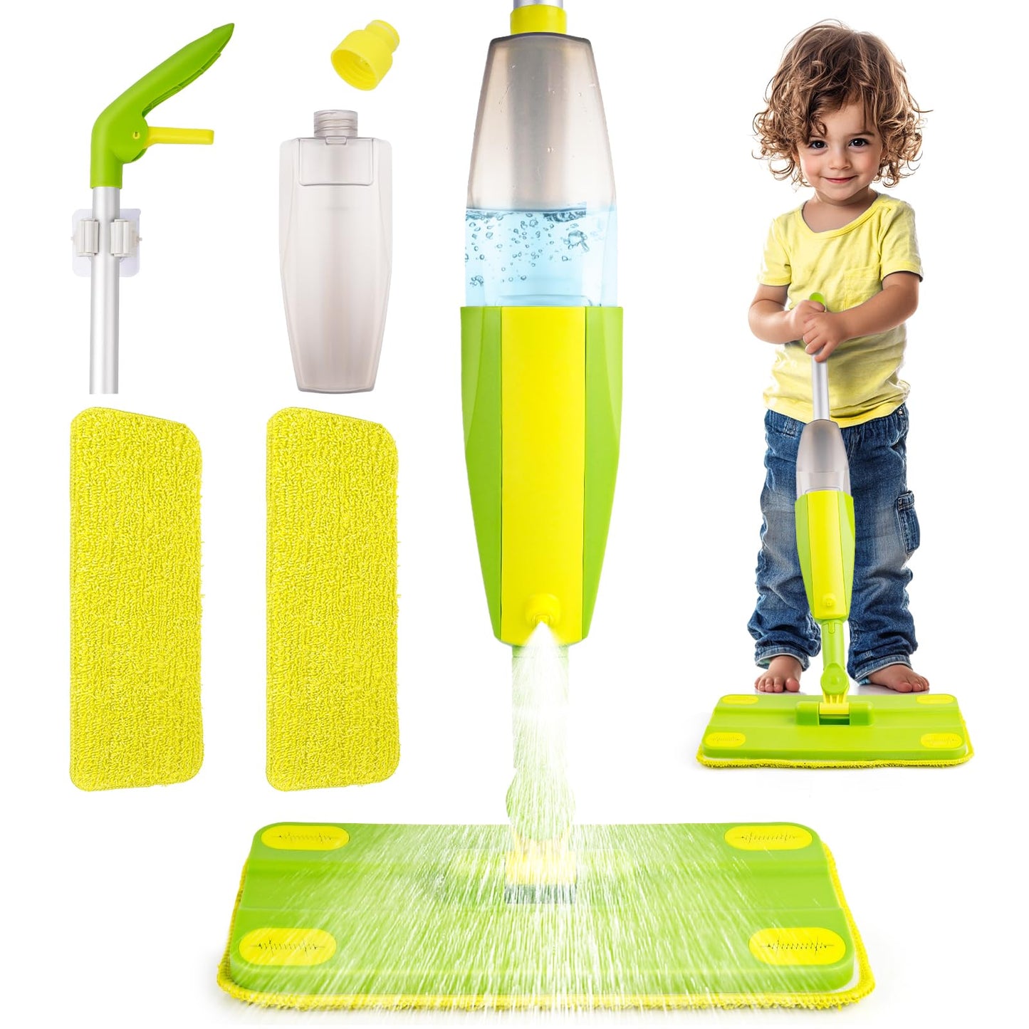 Yasterd Kids Spray Mop, Fun & Functional Toddler Mop Cleaning Set,Real Working Mini Mop, Pretend Play Toy –Includes Spray Bottle,Washable Microfiber Pads, Montessori Toddler Cleaning Toy Set -Green