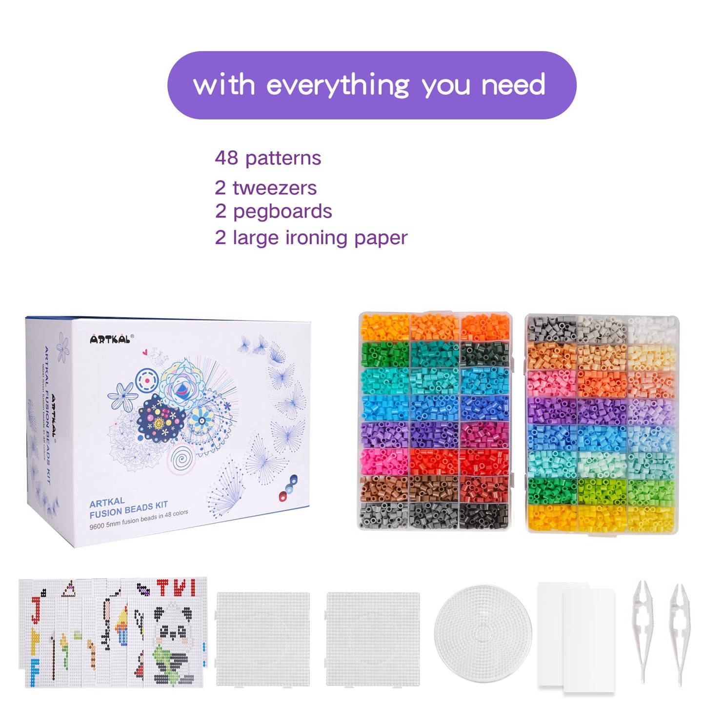 Artkal Fuse Beads Kit 9600 Pieces 5mm Melty Beads Kit, with 100 Patterns 4 Pegboards 2 Tweezers 2 Ironing Paper, Compatible Perler and Hama Beads
