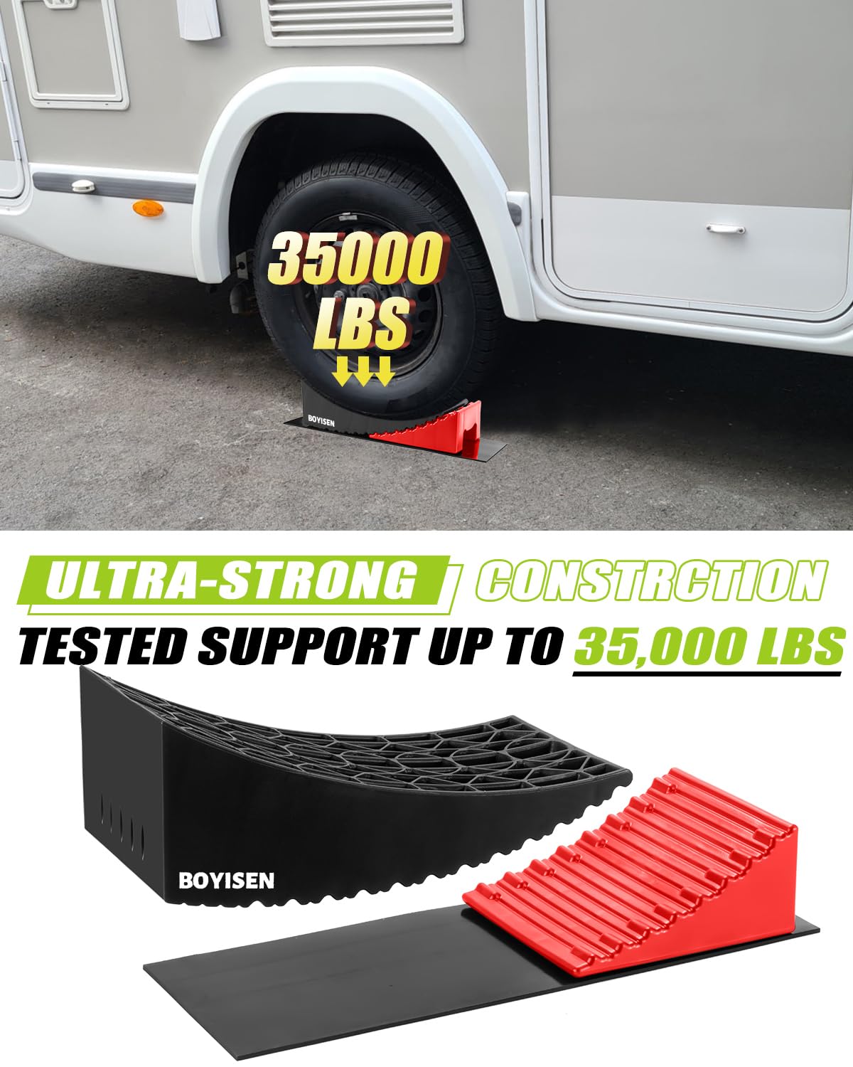 BOYISEN Camper Levelers 2 Pack - RV Leveling Blocks Ramp Kit Support Dual Axles Tandem Wheel Up to 35,000lbs RV Levelers with 2 Levelers 2 Chocks 2 Anti-Slip Mats and Carrying Bag Black