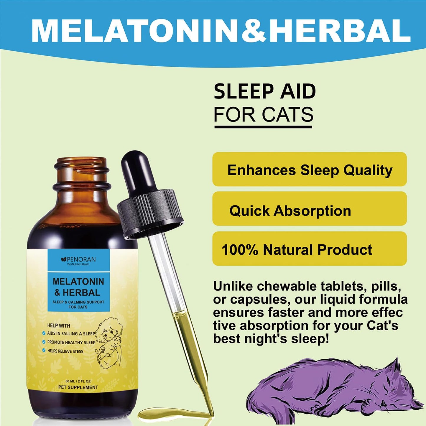 Cat Melatonin & Herbal Blend Drops for Cats, Cat Calming Treats, for Cats Sleep Aid and Sedative for Grooming, Support Restful Sleep, Anxiety Relief - Safe and No Excessive Drowsiness.