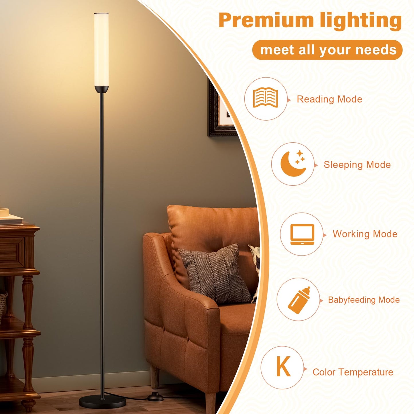 LED Floor Lamp with Remote Control, 65" Standing Lamp with Stepless Adjustable 3000K-6500K Colors & 5%-100% Brightness, Foot Switch(Black)