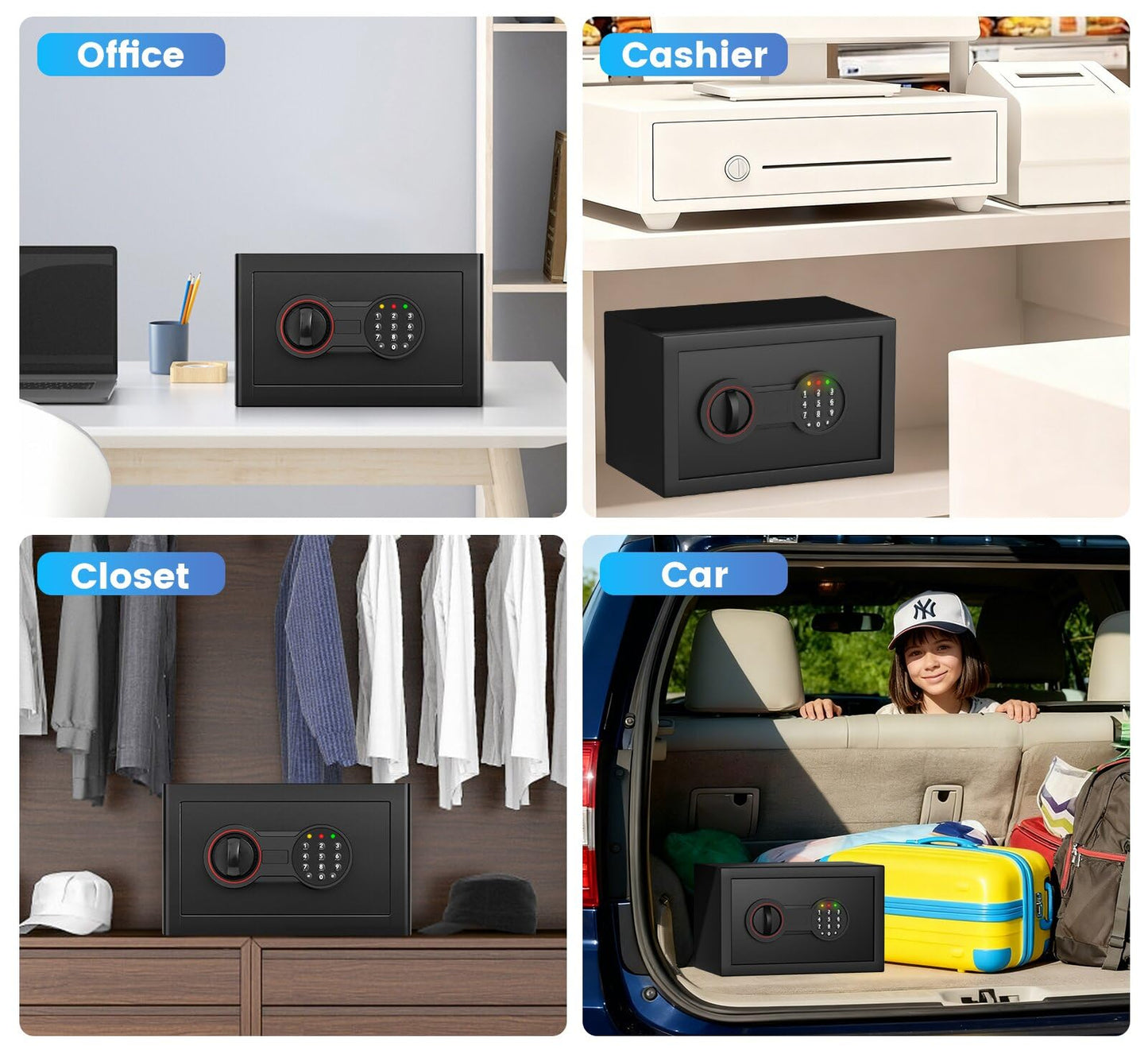 0.52 Cub Small Home Safe Box with LED Light, Dual Alarm System & Fireproof Waterproof Pouch, Digital Safe with Electronic Keypad, Override Keys, Bolt-Down Kit for Cash/Jewelry/Medicine