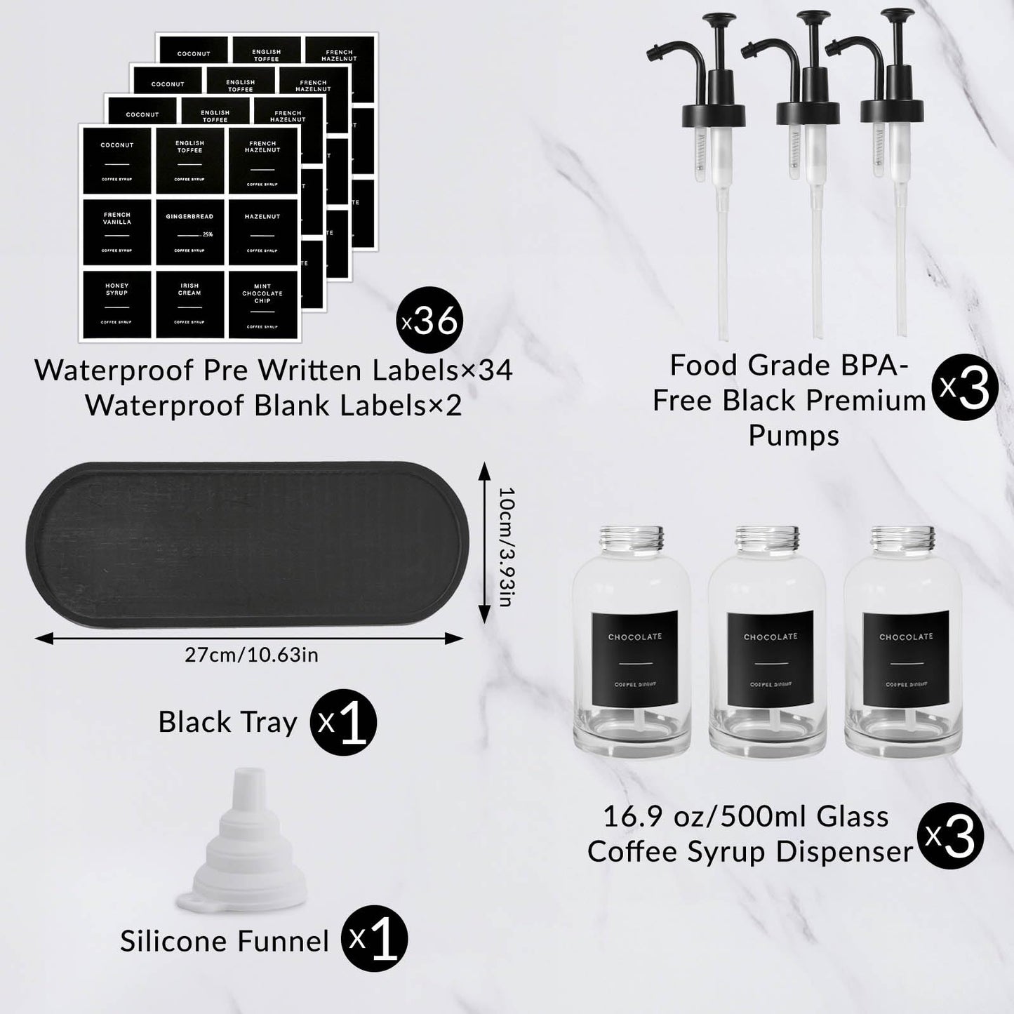 Sunal 3pack Coffee Syrup Dispenser,Black 16.9 oz/500ml Glass Pump Bottles with Tray,Syrup Dispenser with Funnel&36 Labels for Kitchen&Coffee Bar