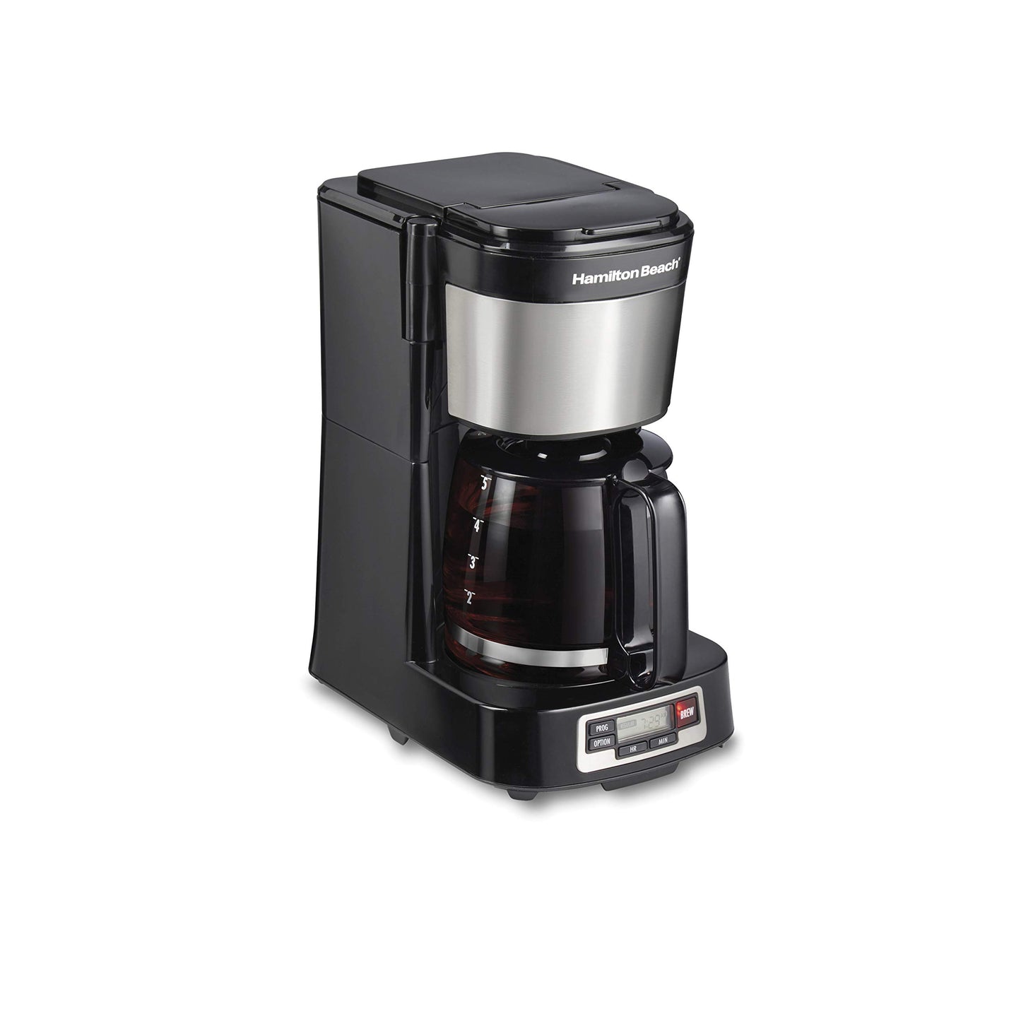 Hamilton Beach 5 Cup Compact Programmable Coffee Maker, FrontFill Water Reservoir, Small Drip Coffee Maker with Glass Carafe, Auto Pause & Pour, Space-Saving Design, Black & Stainless Steel (46111)
