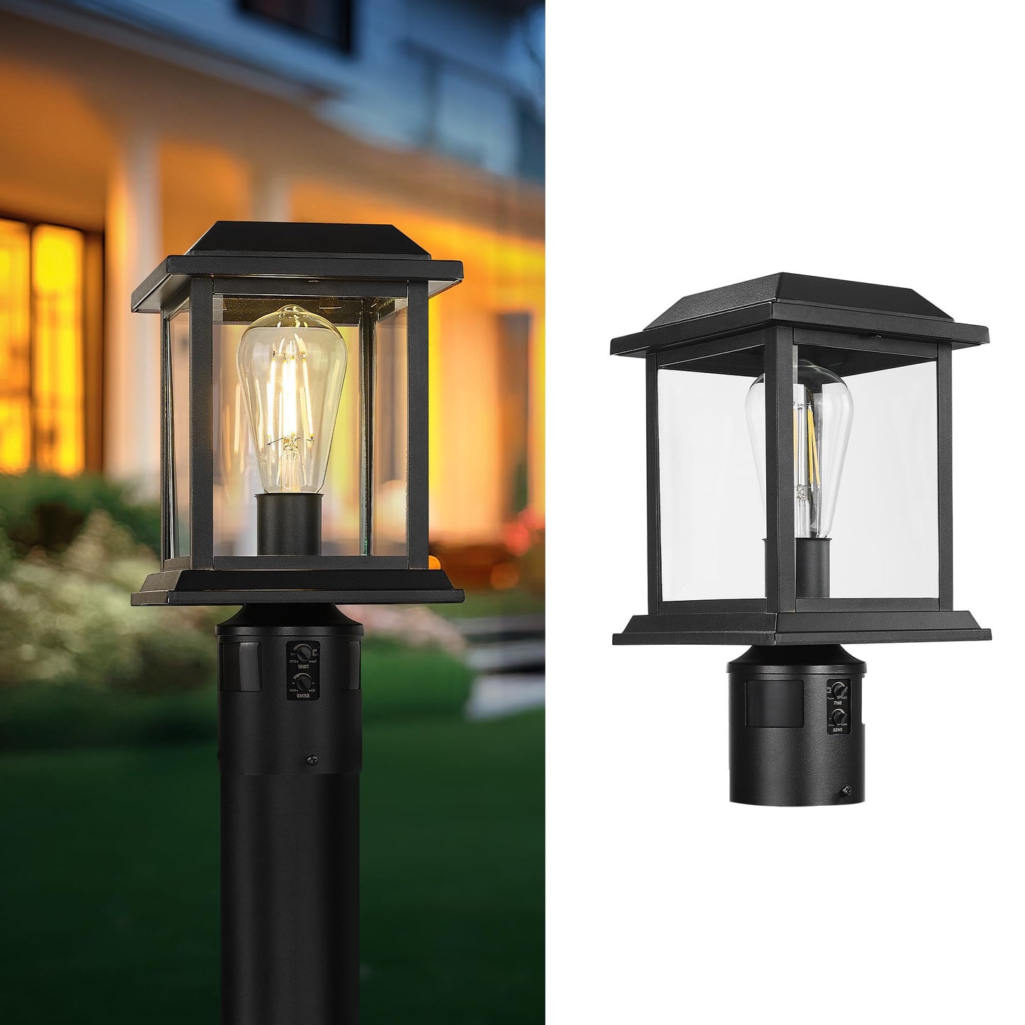 Zeyu Outdoor Post Light, 12 Inch Exterior Post Lighting Fixture Pole Lantern, Clear Glass Shade and Black Finish, 0409-P BK