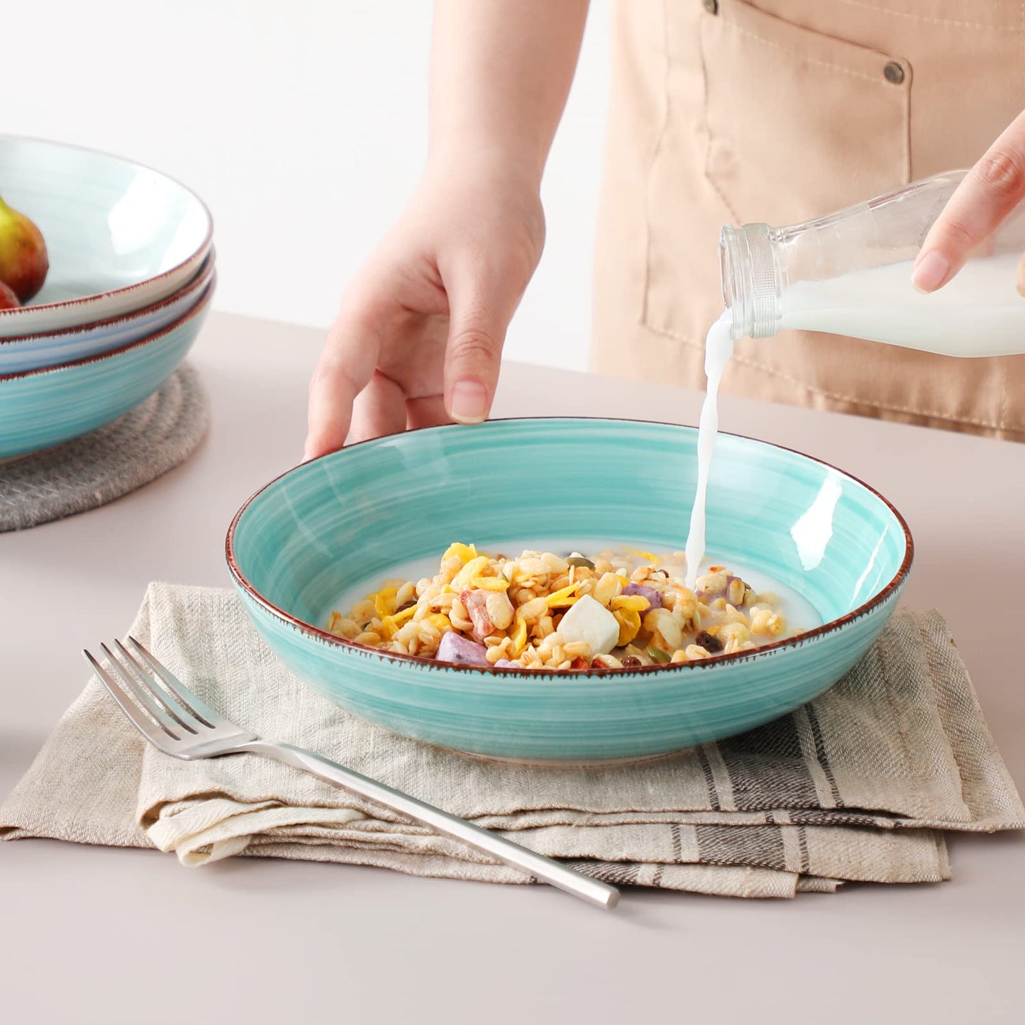 vancasso Bonita Pasta Bowls 38 oz, Large Ceramic Salad Bowls, Pasta Bowl Set of 6, Microwave & Dishwasher Safe Soup Bowls, Serving Bowls, Blue Bowl Set