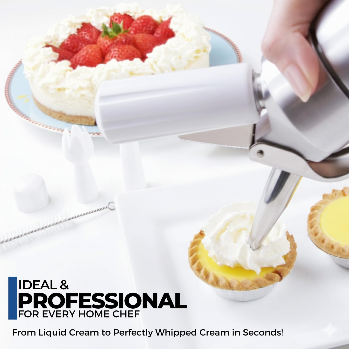 ICO Professional Aluminum Whipped Cream Dispenser 1-Pint for Homemade Whipping Cream, Whipped Cream Maker for Desserts, Dips, Sauces, and Infused Liquors, Silver