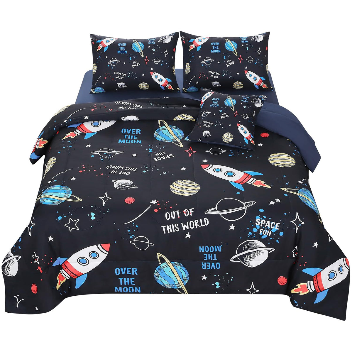 JQinHome Full Space Comforter Set for Kids,6 Piece Bed in A Bag 3D Galaxy Space Rocket Planets Bedding Set for Teens Boys Girls (1 Comforter,2 Pillowcases,1 Flat Sheet,1 Fitted Sheet,1 Cushion Cover)