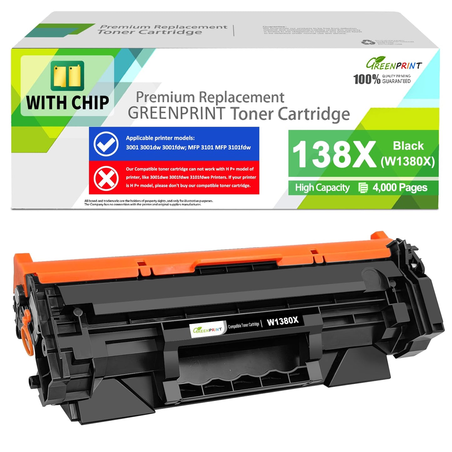 GREENPRINT 【 with CHIP 】 138X W1380X ( 138A W1380A ) Compatible Toner Cartridge Black High Yield 4000 Pages for H P 3001dw 3001fdw 3101fdw 3101sdw Can't Work with H P + Printer Model End with ''e''