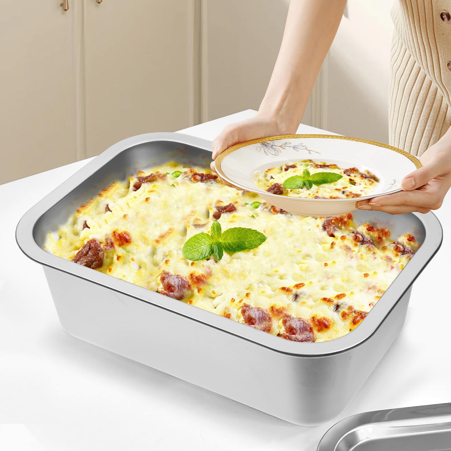 CODOHI 2 PACK 4 Inch Extra Deep Lasagna Baking Pan with Lid, 10.6x14.2 Inch 304 Stainless Steel Large Baking Dish Tray for Oven, Thick Metal Roasting Pan for Casserole Brownie Turkey (Silver, L)