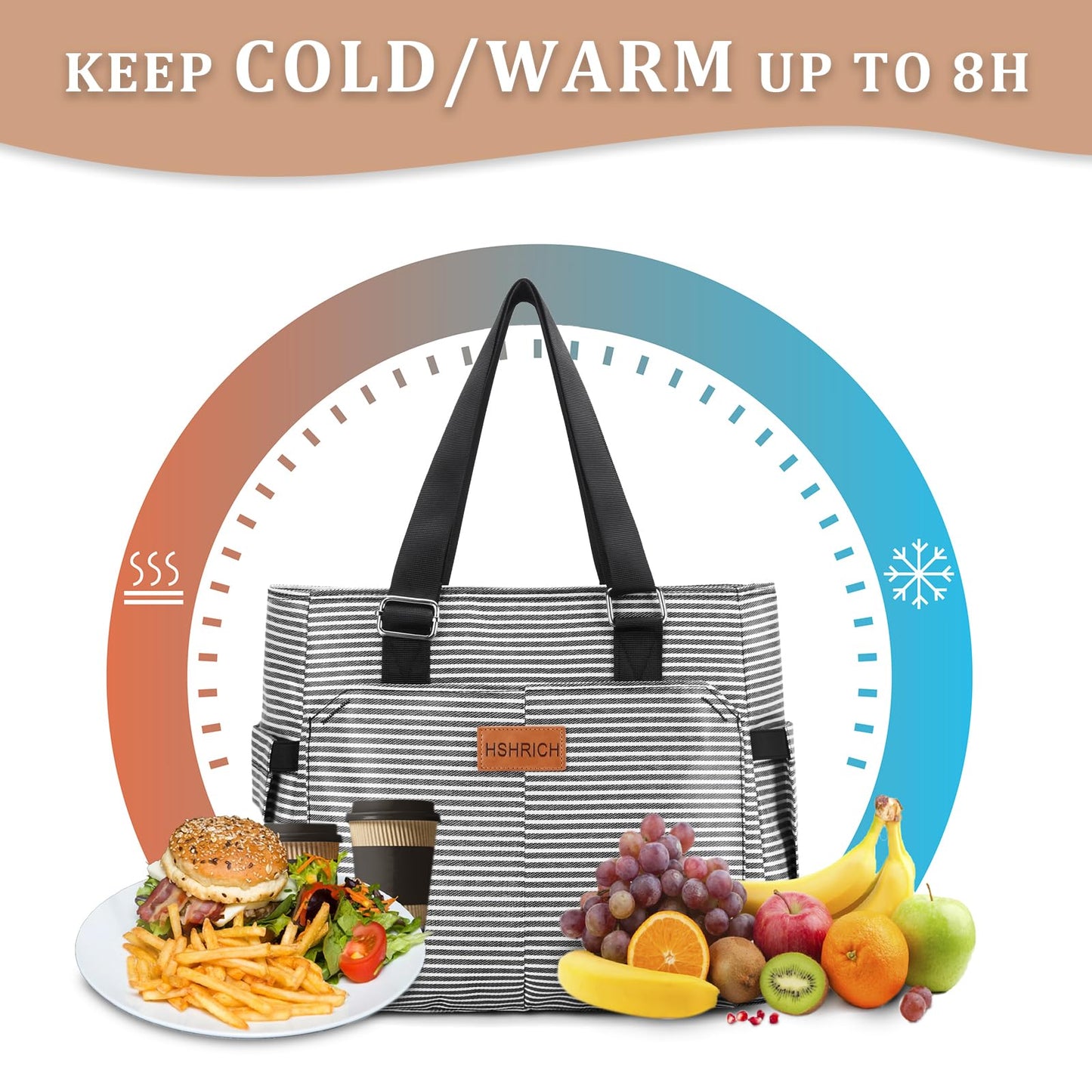 Large Women Lunch Bags for Work/Insulated Adult Lunch Box for Women/Leakproof Cooler Lunch Tote Bag with Storage Pocket. Reusable Lunch Cooler Purse for Work Picnic Hiking 12L, Stripe