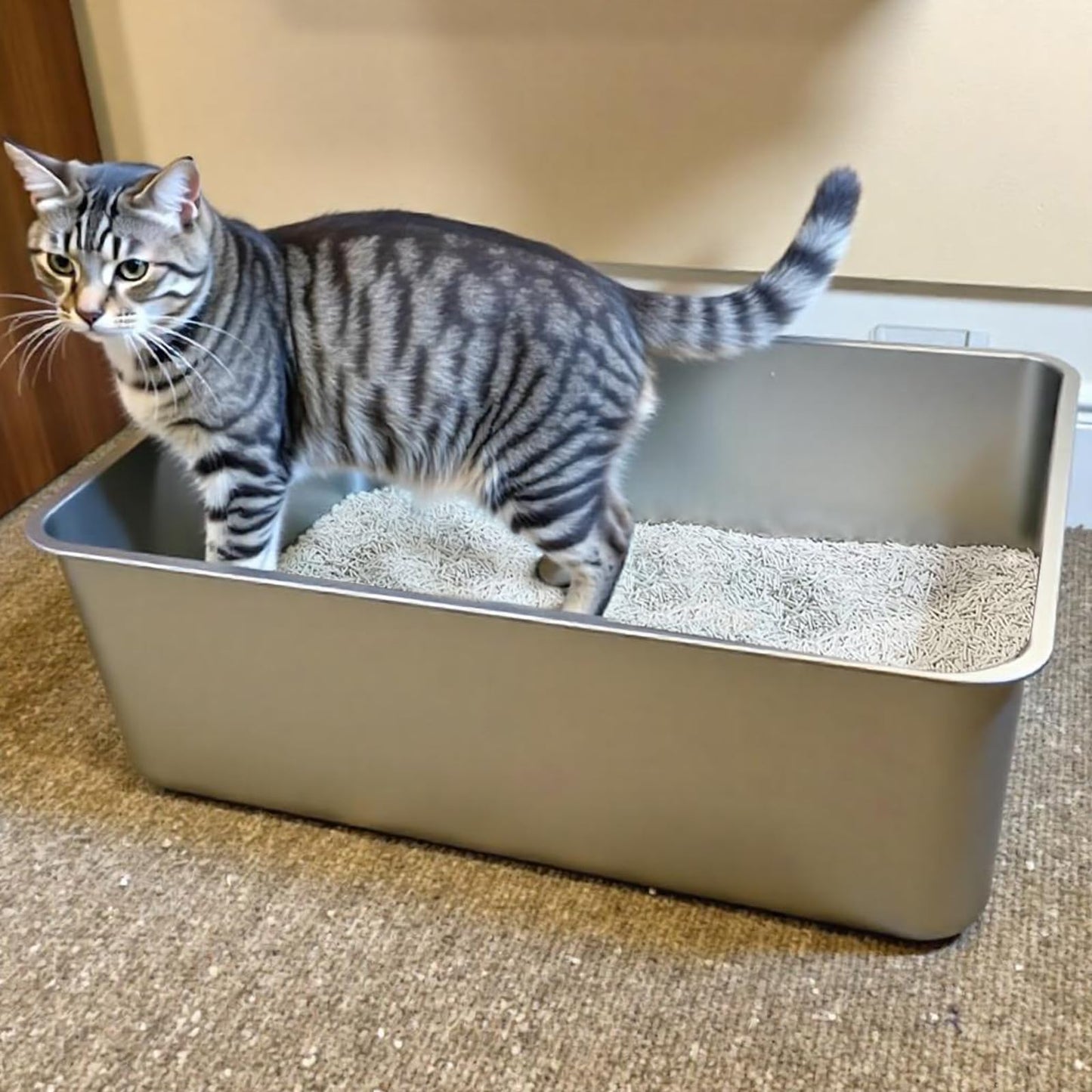 Stainless Steel Litter Box, High Sided Large Metal Cat Litter Boxes Easy Clean, Non Stick No Smell Cat Litter Box for Adult Cats/Kitty/Kitten
