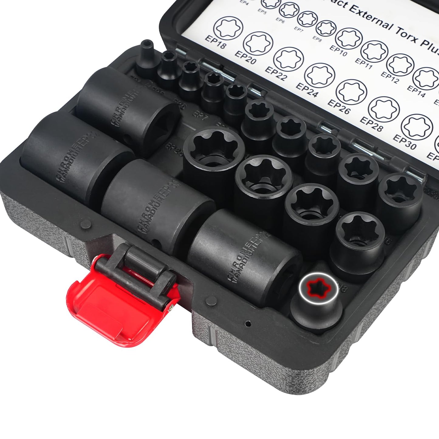 BILITOOLS External Torx Plus Socket Set, 6 Point EP4-EP8, EP10-12, EP14, EP16, EP18, EP20, EP22, EP24, EP26, EP28, EP30, EP32 with 1/2'' 3/8'' 1/4'' Dr, 19PCS External Star Socket for Cars